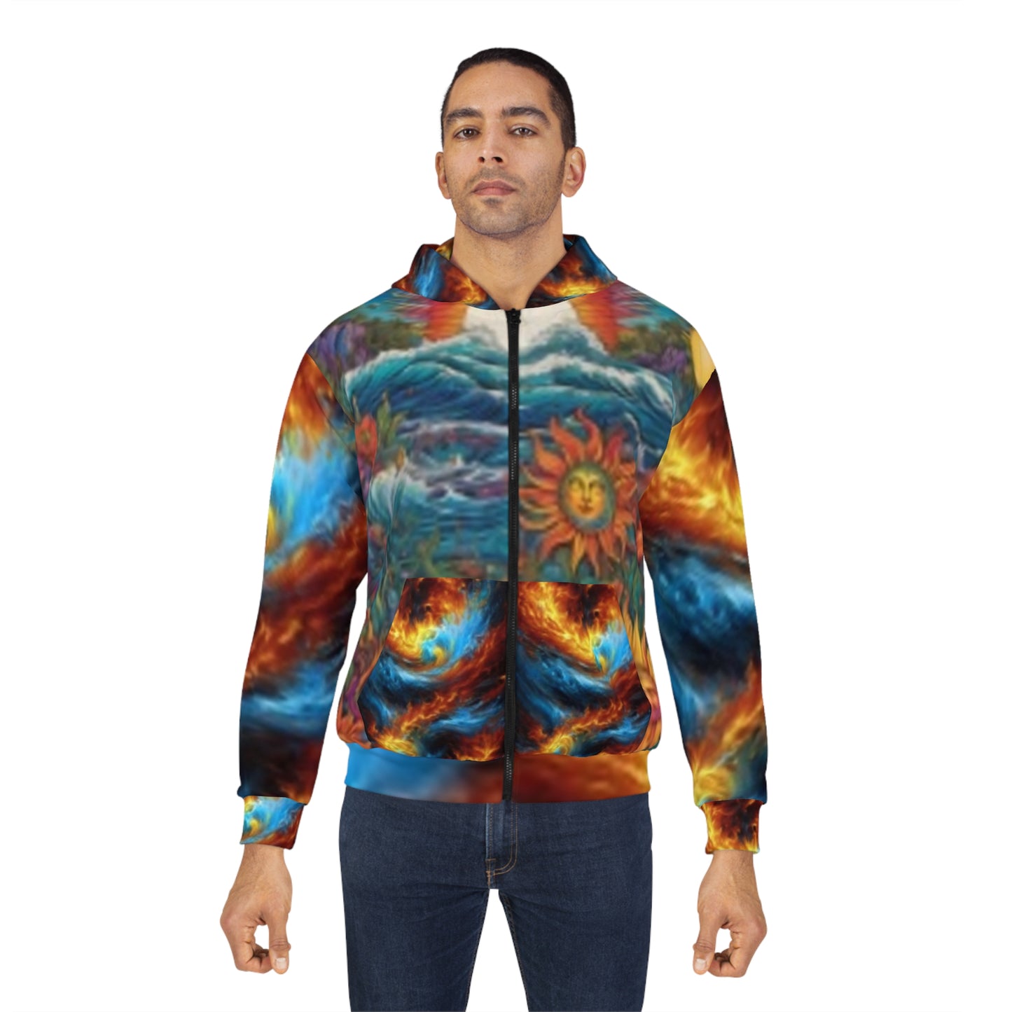 Sudadera con capucha y cremallera con diseño de girasol grande y puesta de sol