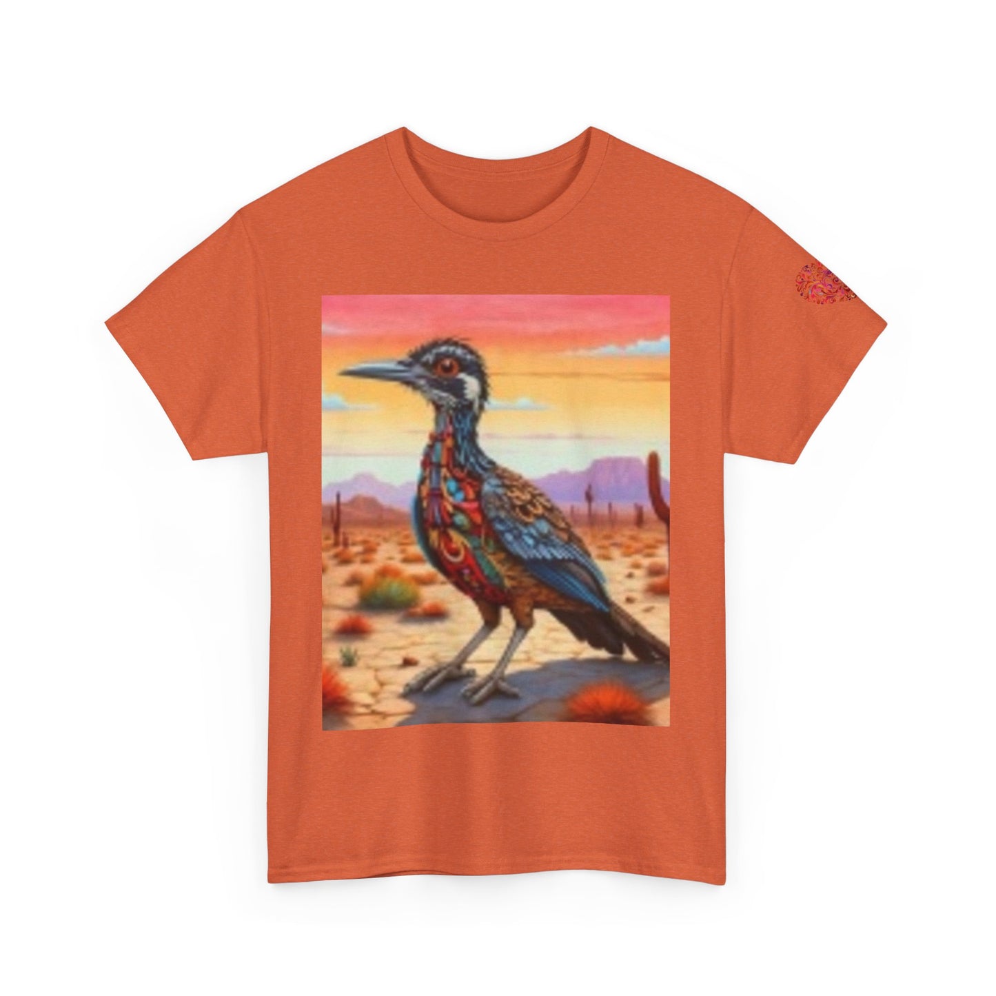 Camiseta unisex de algodón grueso Artistic Wilderness: diseño vibrante de aves y paisaje escénico