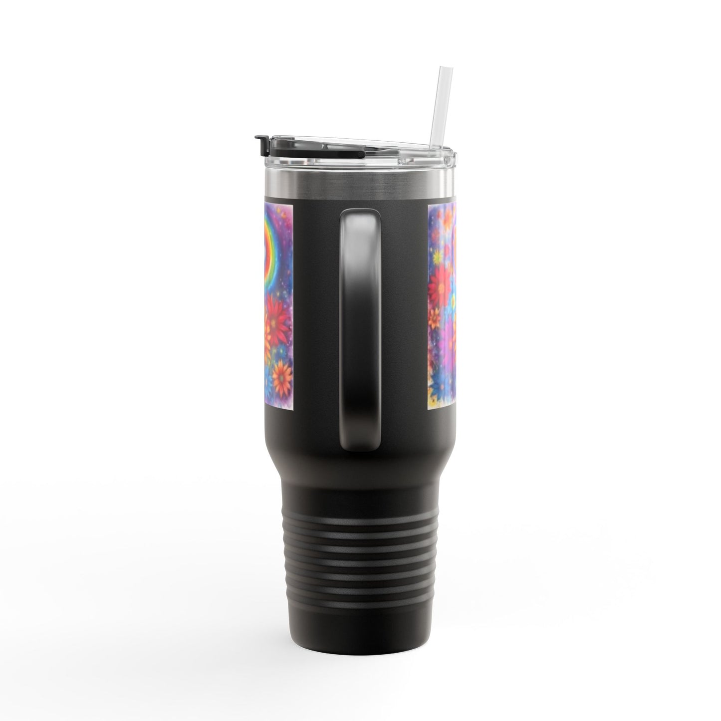Taza térmica de viaje con diseño floral colorido - 40 oz - Diseño arcoíris
