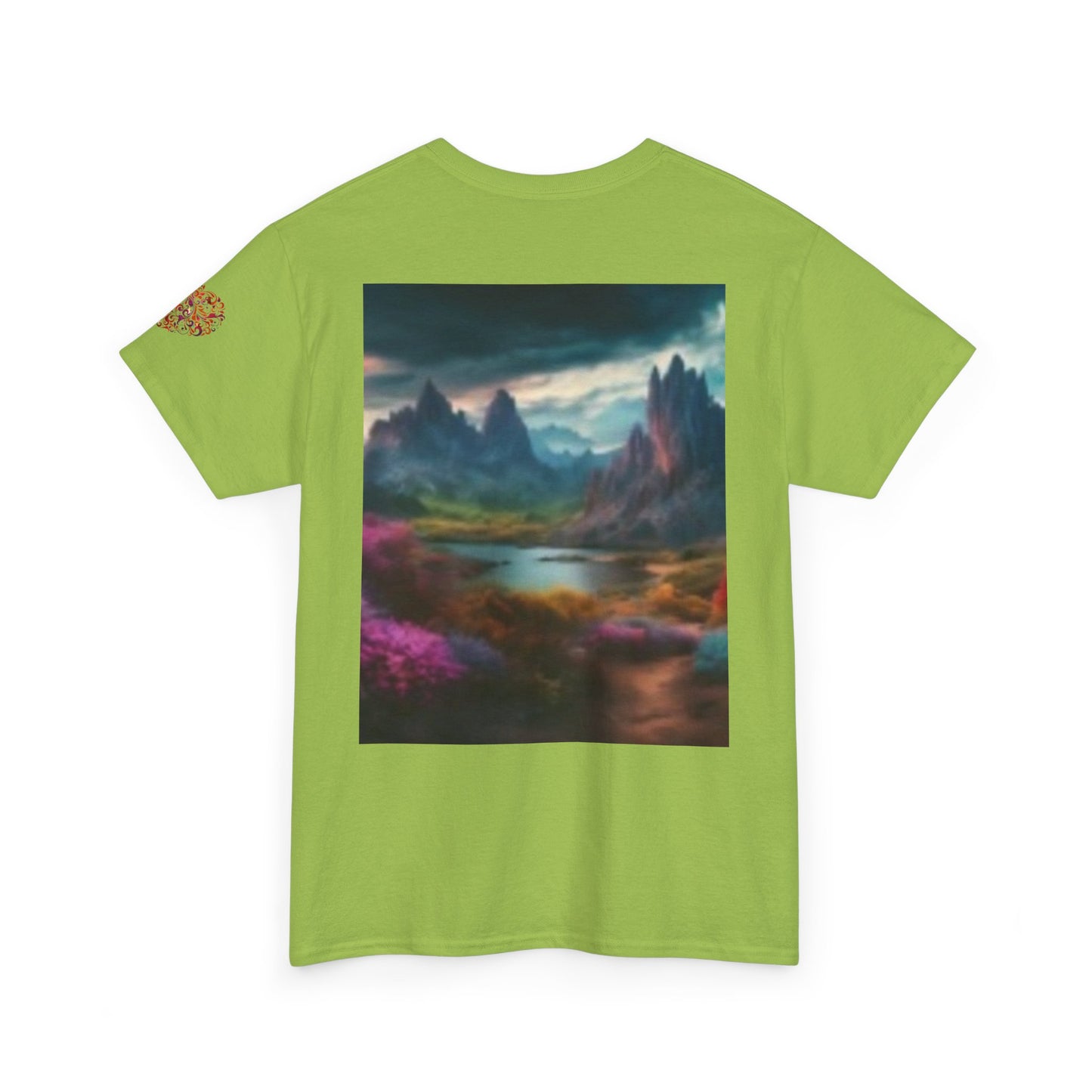 Camiseta unisex de algodón grueso Artistic Wilderness: diseño vibrante de aves y paisaje escénico