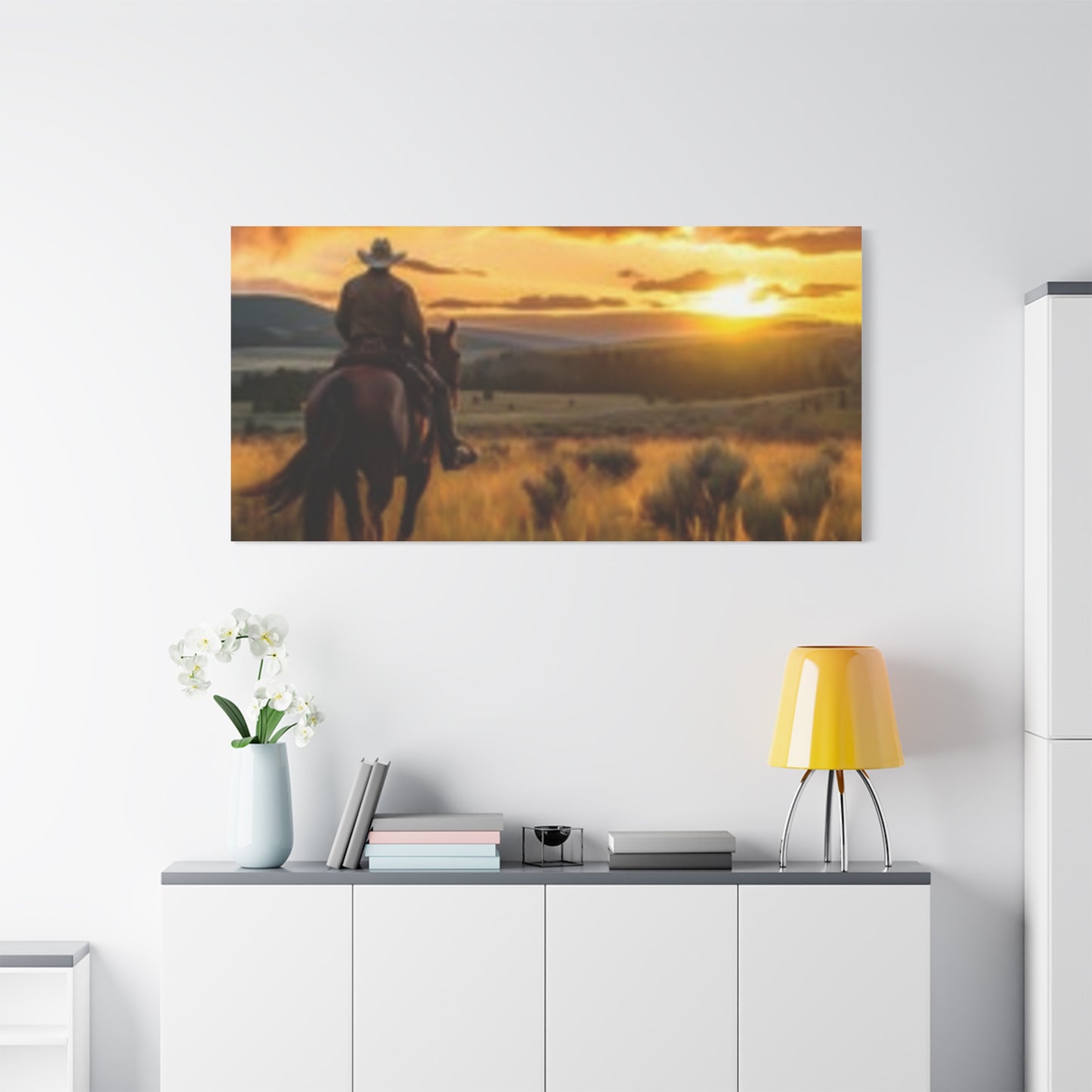 Arte de pared enmarcado - Impresión en lienzo "Atardecer vaquero"