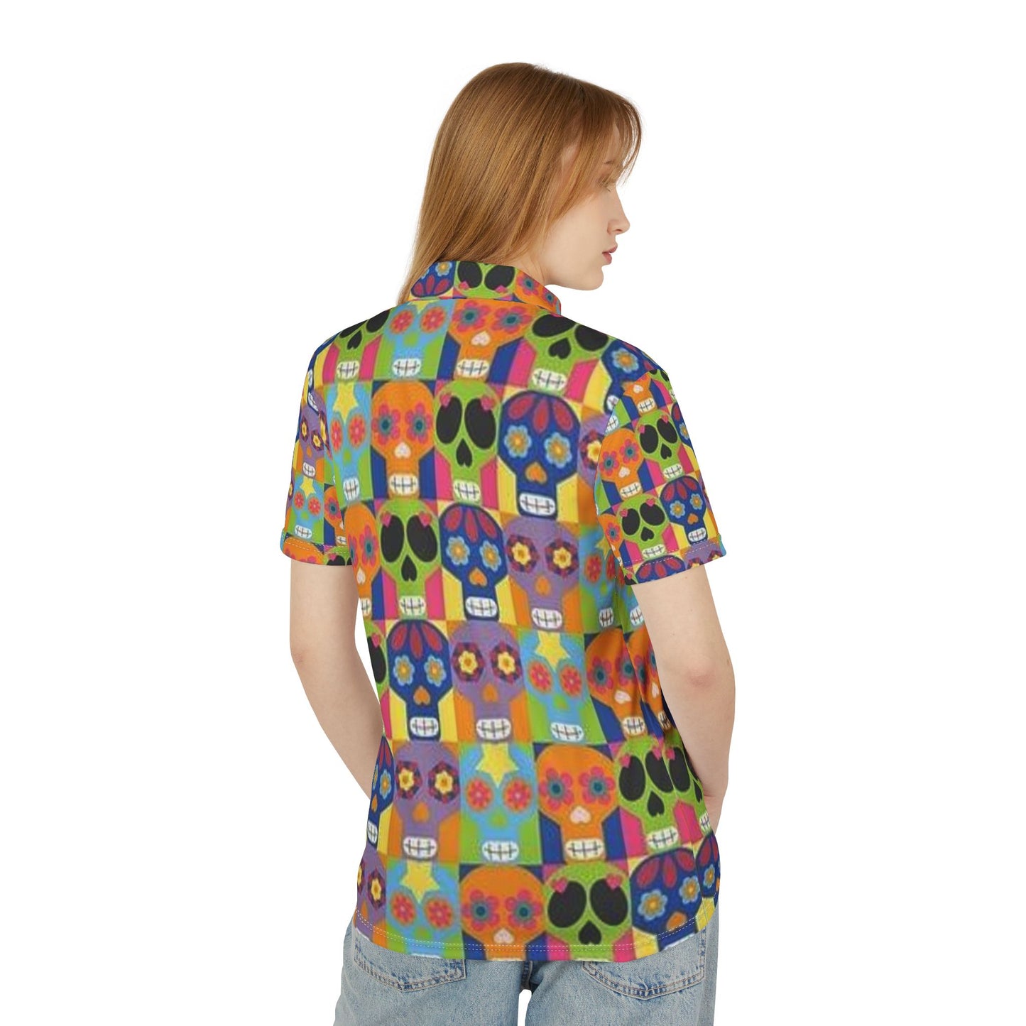 Polo unisex colorido del Día de los Muertos con estampado de calavera divertida