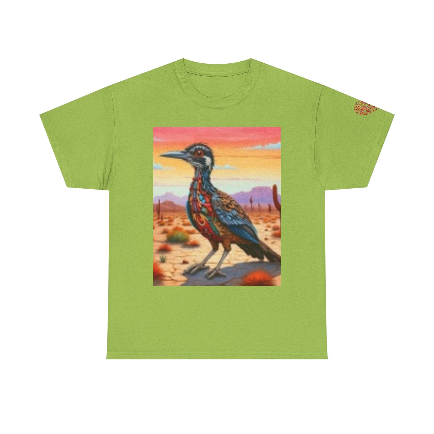 Camiseta unisex de algodón grueso Artistic Wilderness: diseño vibrante de aves y paisaje escénico