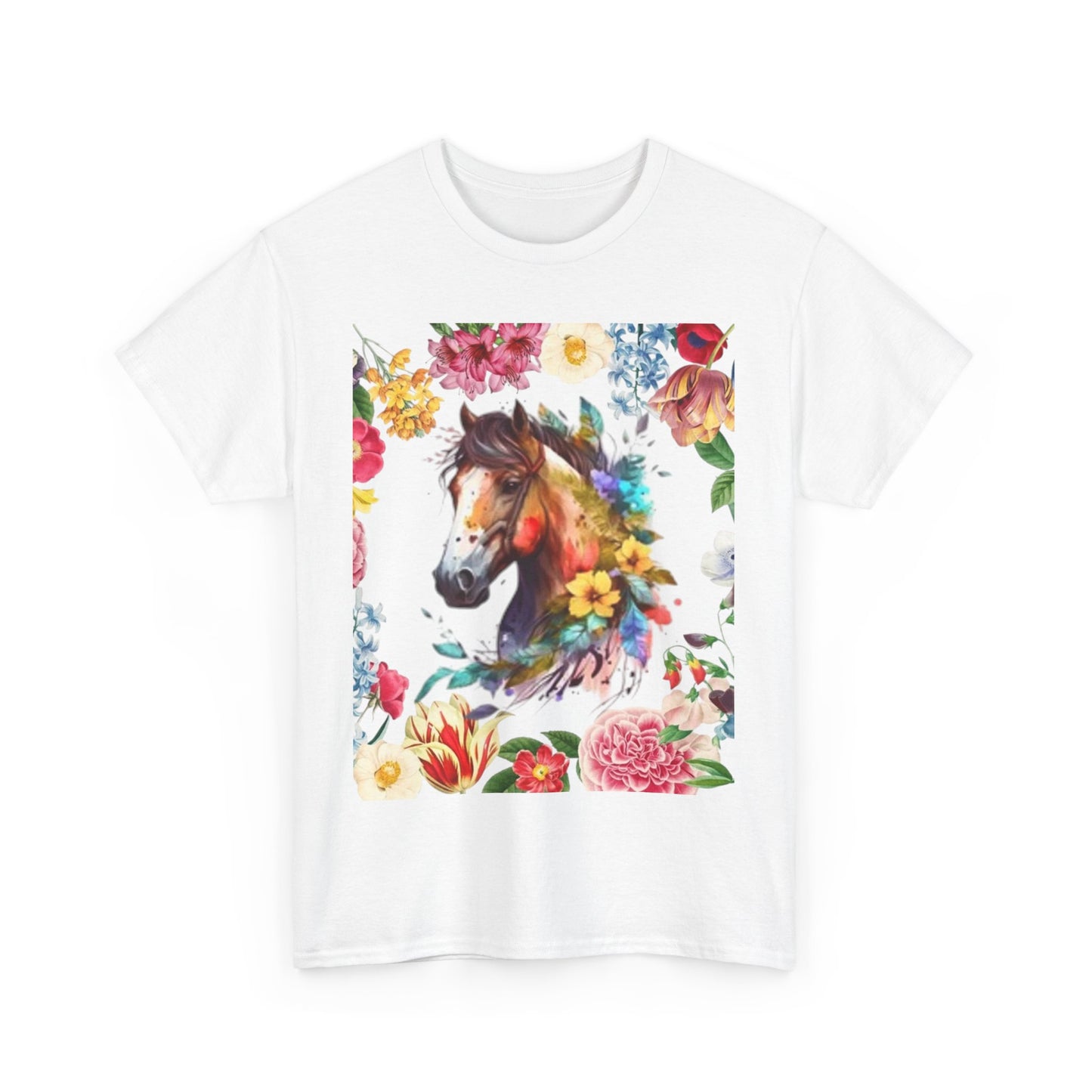 Camiseta unisex de algodón grueso con diseño de caballo floral: regalo para amantes de la naturaleza, perfecta para primavera y verano.