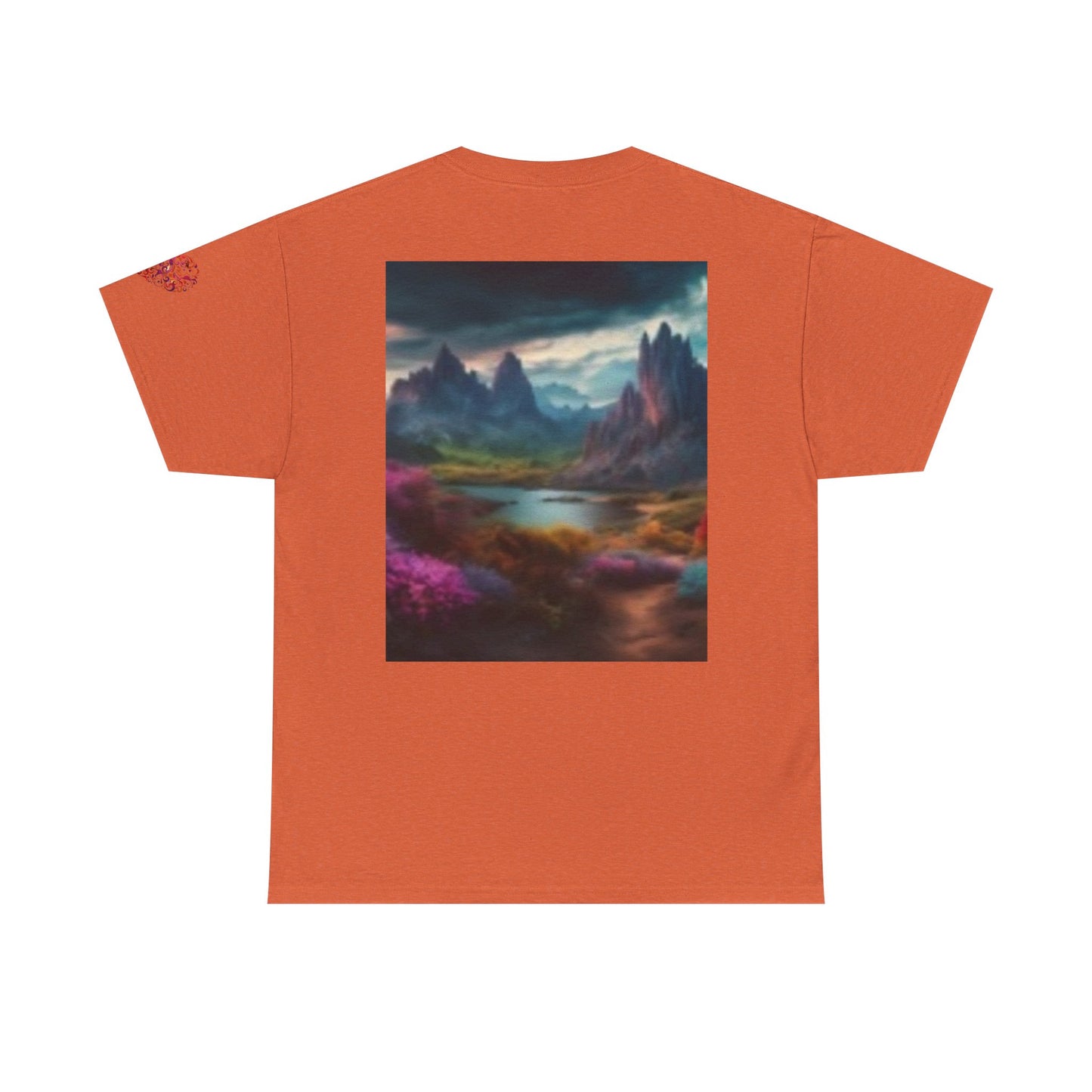 Camiseta unisex de algodón grueso Artistic Wilderness: diseño vibrante de aves y paisaje escénico