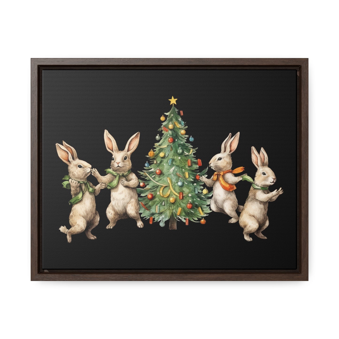 Marco de lona negro horizontal Árbol de Navidad con cuatro conejos