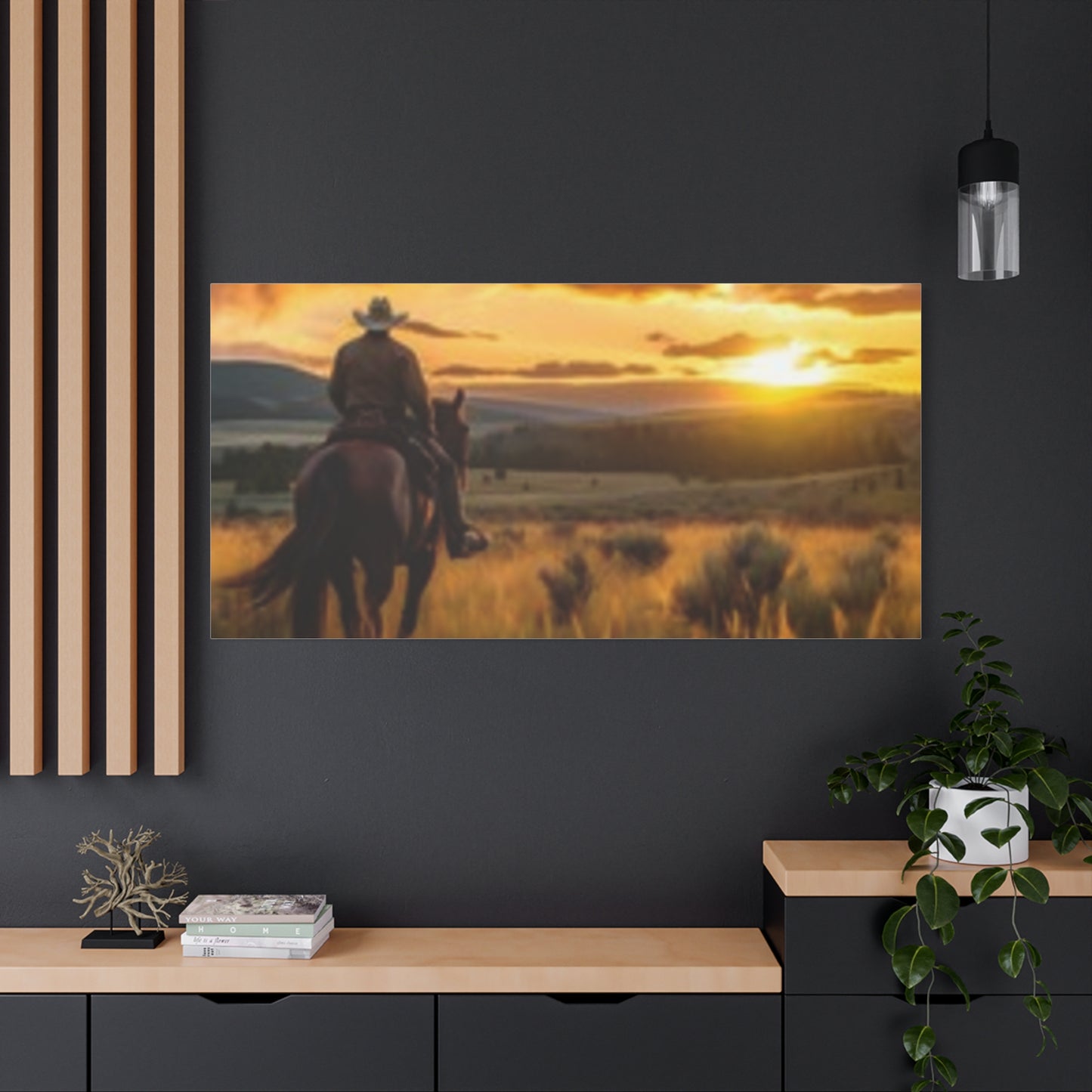 Arte de pared enmarcado - Impresión en lienzo "Atardecer vaquero"