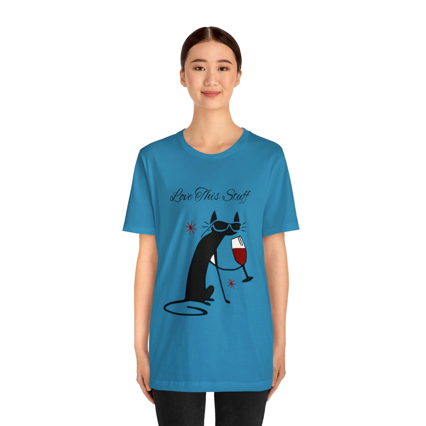 Camiseta con el gato negro bebiendo vino "Me encanta esta cosa"