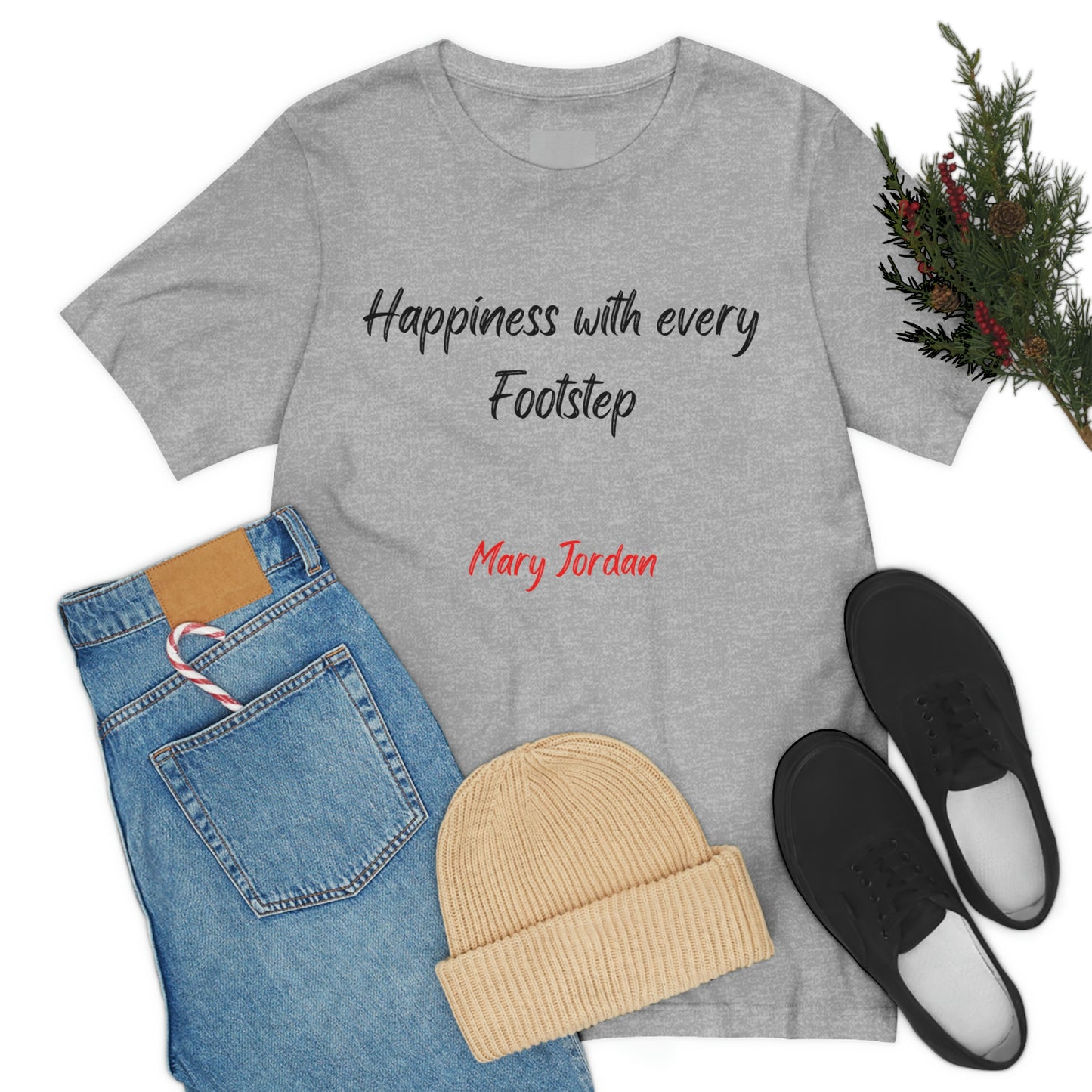 Camiseta unisex de manga corta para hombre, mujer y niño de Mary Jordan, con la frase "La felicidad está en cada paso"