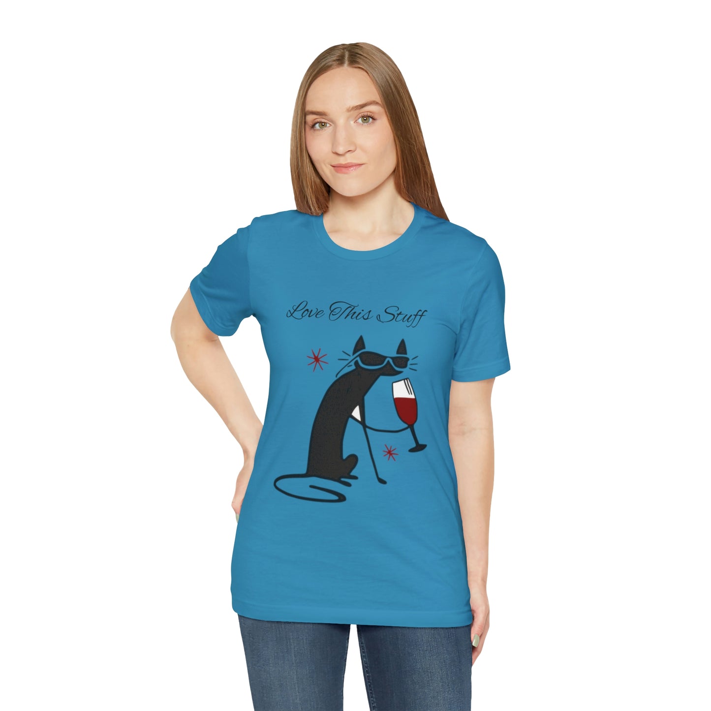 Camiseta con el gato negro bebiendo vino "Me encanta esta cosa"