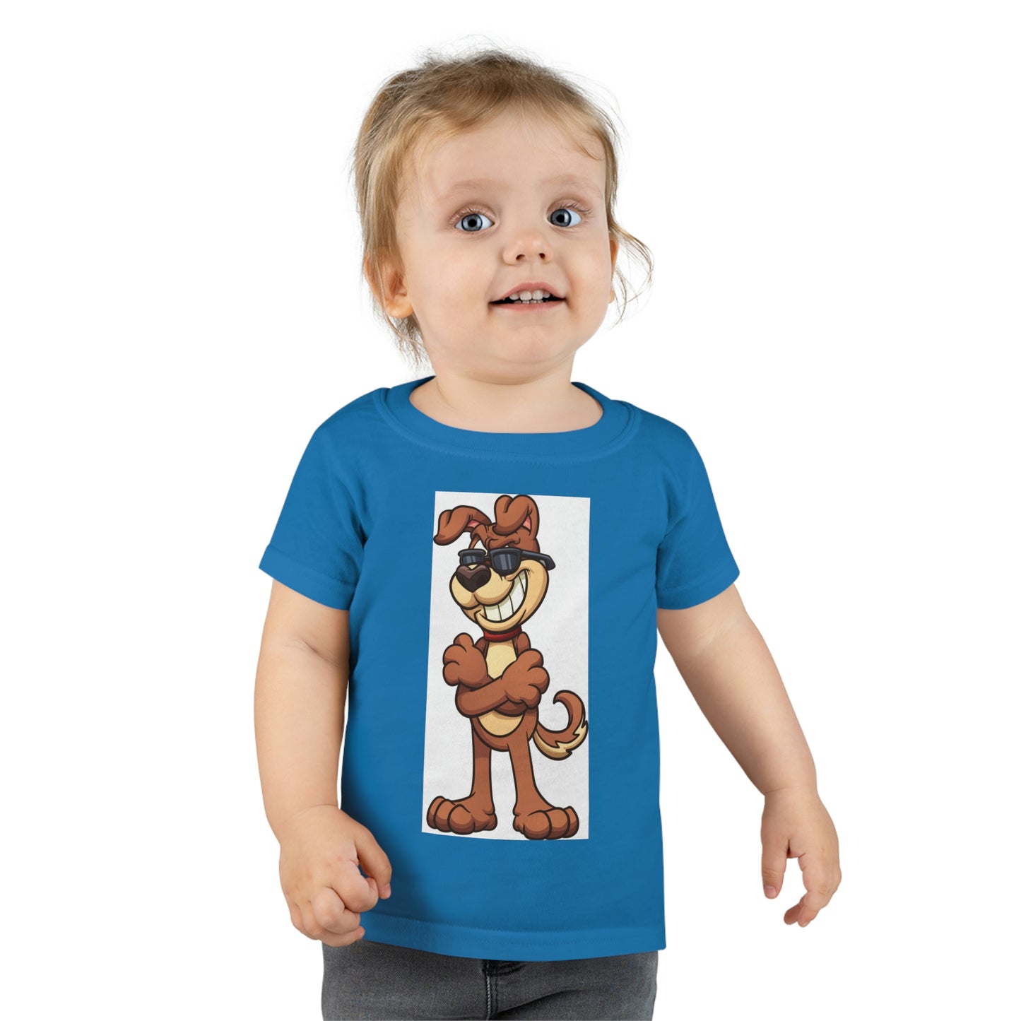 Smiling Dog with Sunglasses. Toddler T-shirt. Sizes: 2 Toddler through 6 Toddler. Soft against your skin. Comfortable to wear every day of the year. Children will love this T-shirt! Looking Cute at Grandma's!