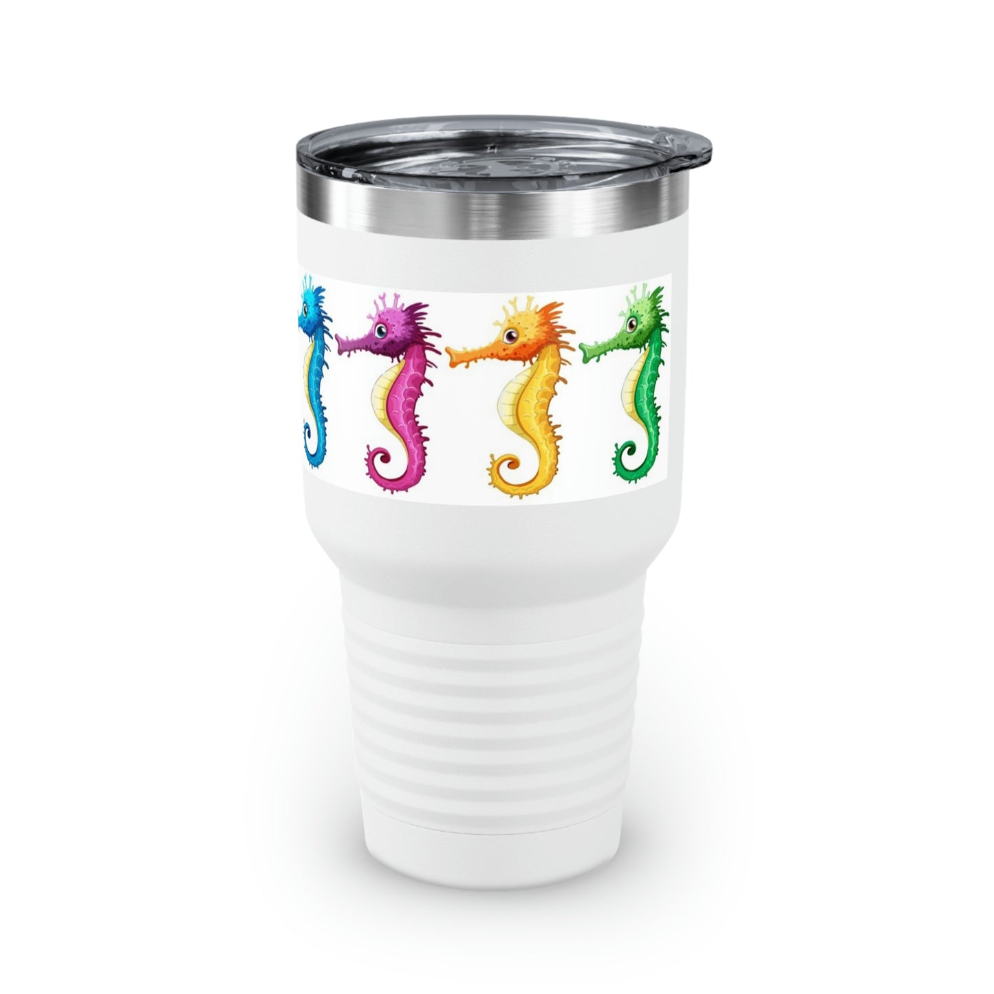 Vaso de cuello redondo con caballitos de mar coloridos, 30 oz, para viajes, trabajo en el jardín, relajación y senderismo