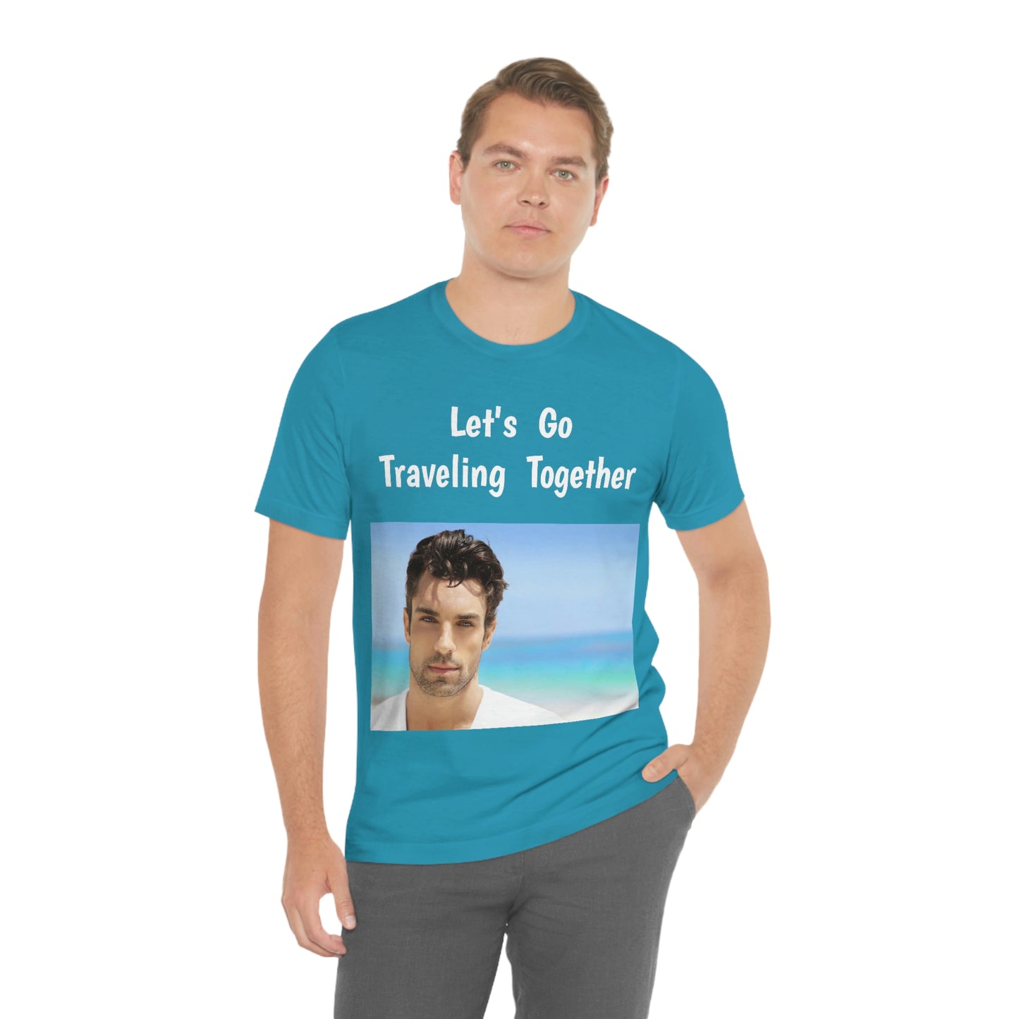 Camiseta de manga corta para hombre guapo que viaja, trabaja y hace películas