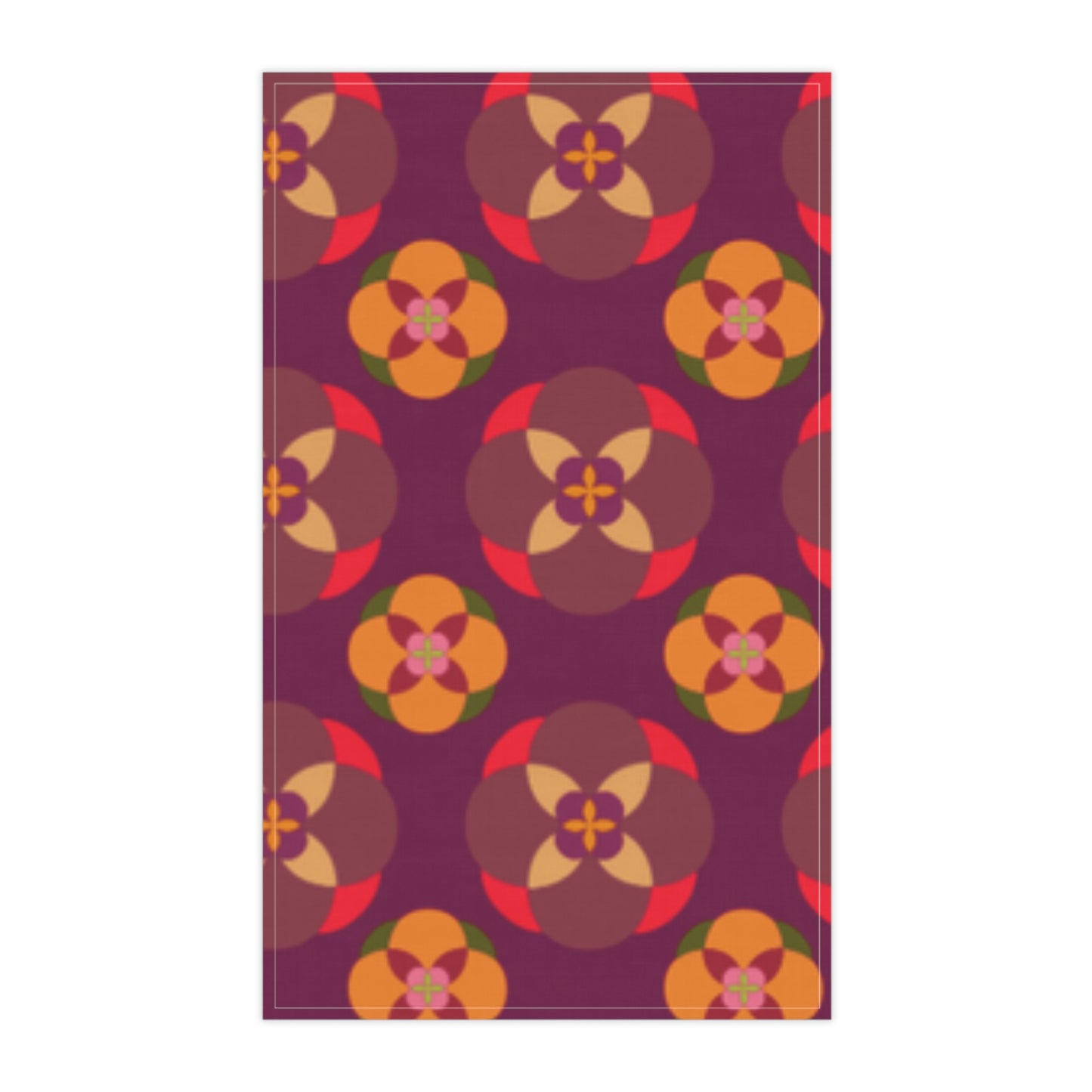 Purple with Circles. Kitchen Towel. Custom Artwork. Unique Whimsical Flare. Vivid Colors. Great to have in your kitchen. Soft against your skin. Adding a Splash of Color. Cleaning up spill, drying your hands, drying the dishes and using as a place mat.