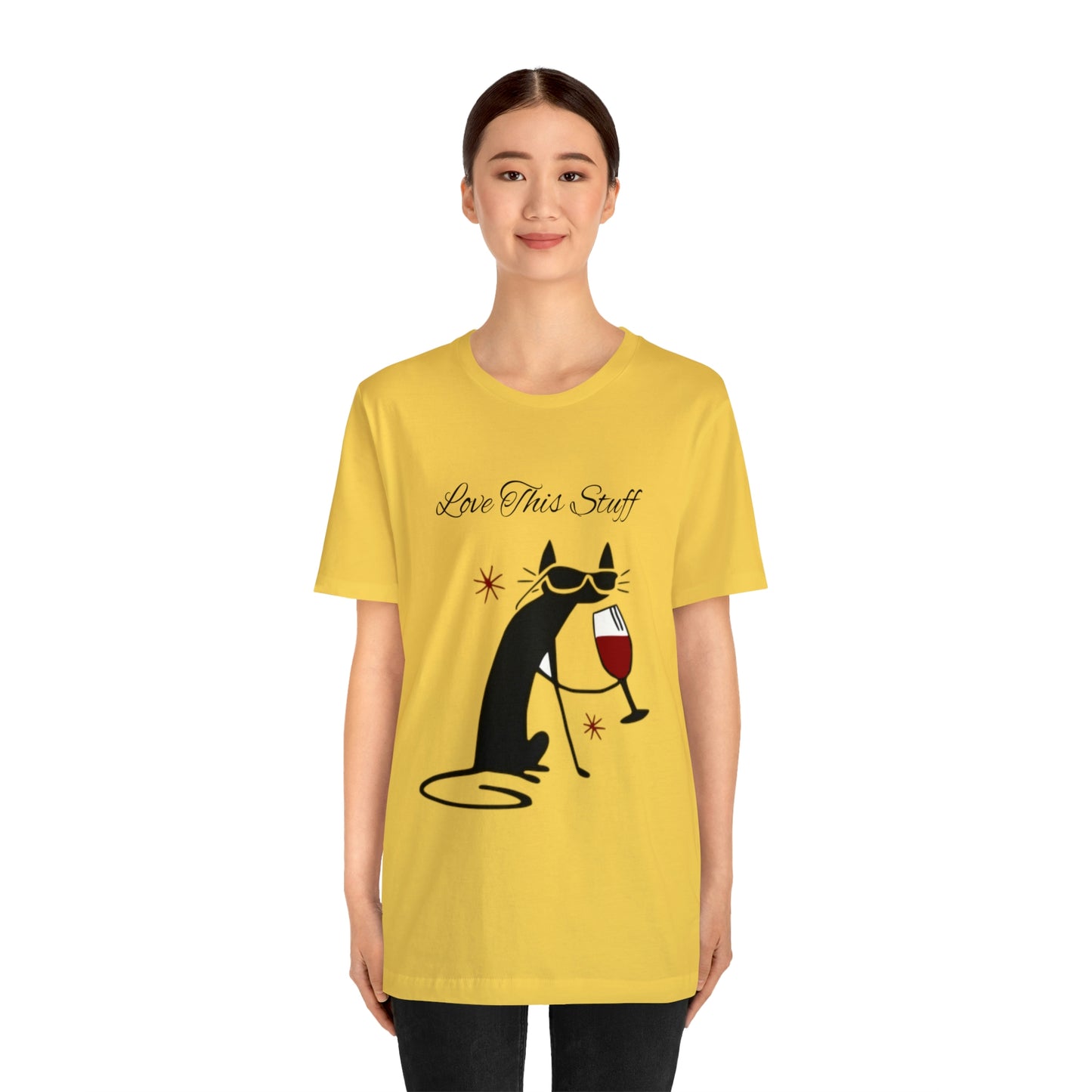 Camiseta con el gato negro bebiendo vino "Me encanta esta cosa"