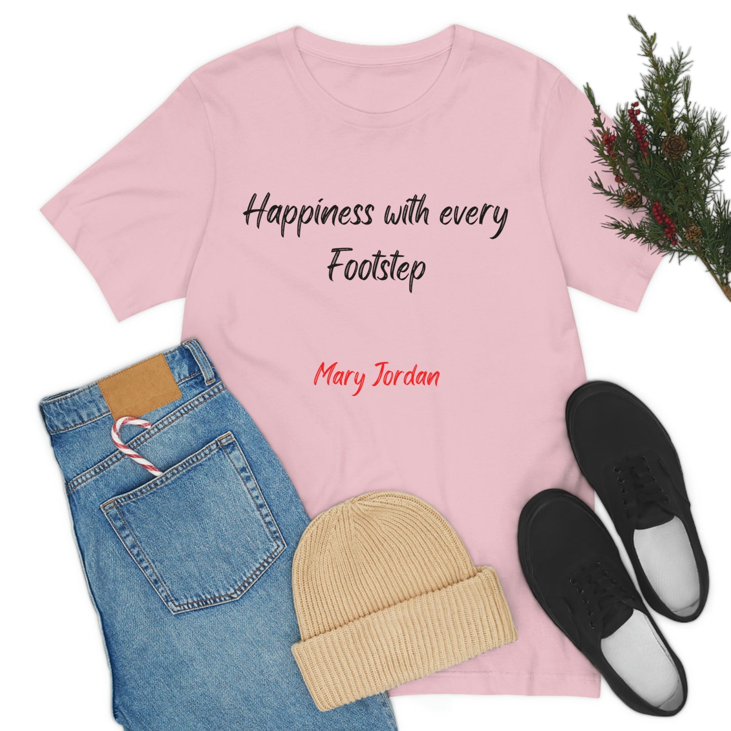 Camiseta unisex de manga corta para hombre, mujer y niño de Mary Jordan, con la frase "La felicidad está en cada paso"