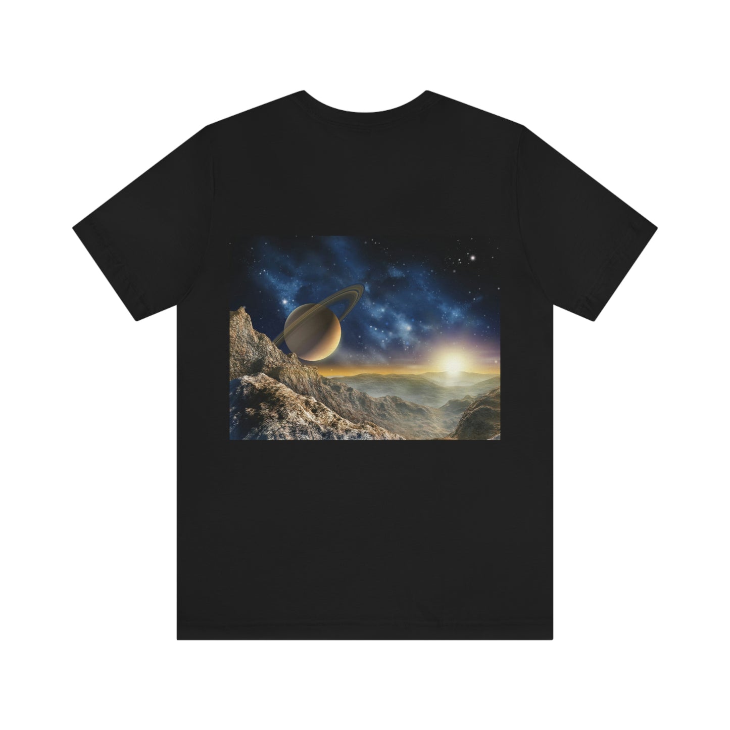 Saturn Galaxy. Unisex Jersey Short Sleeve T-shirt. Sizes: Small through 3 Extra large. Price: $35.00 each. Custom Artwork. Unique Whimsical Flare. Vivid Colors. Great for Men, Women and Children. Soft against your skin. Comfortable to wear every day of the year. I love the quality and fit.