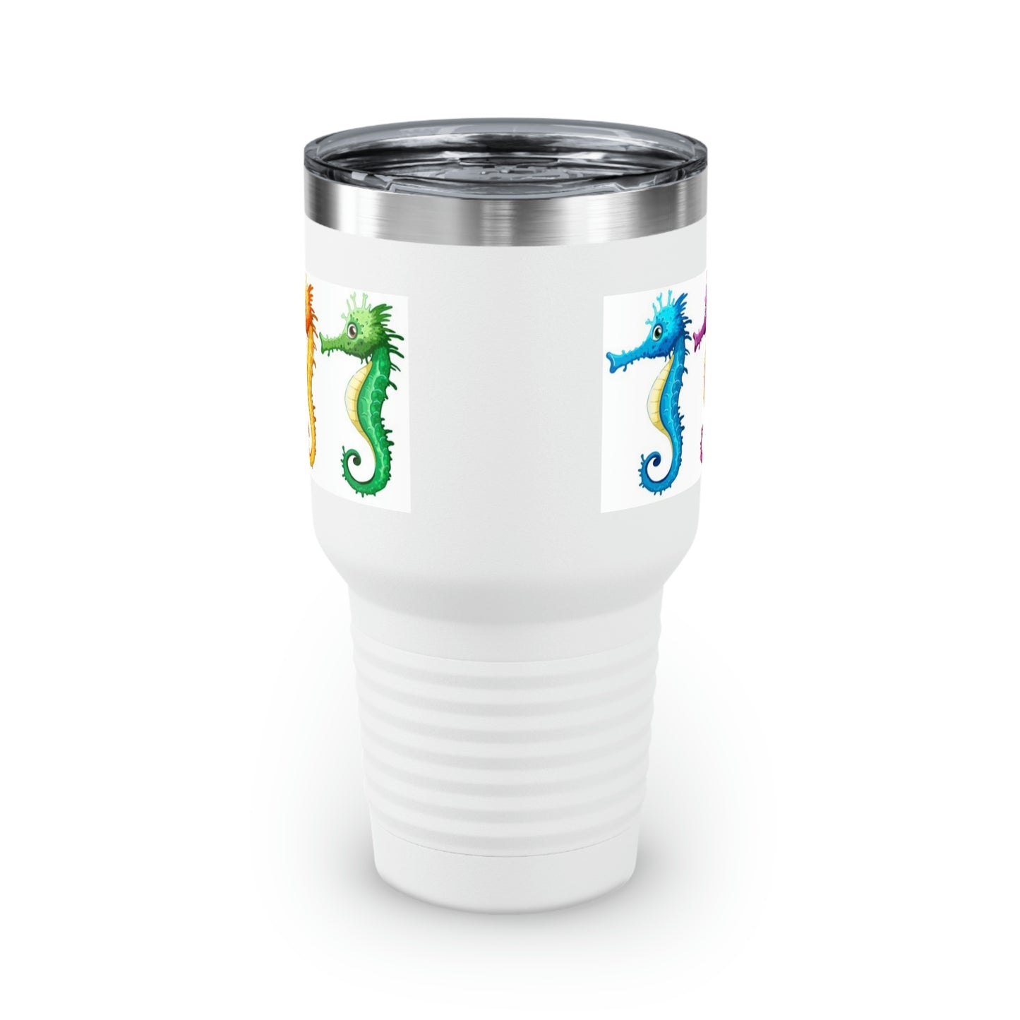 Vaso de cuello redondo con caballitos de mar coloridos, 30 oz, para viajes, trabajo en el jardín, relajación y senderismo