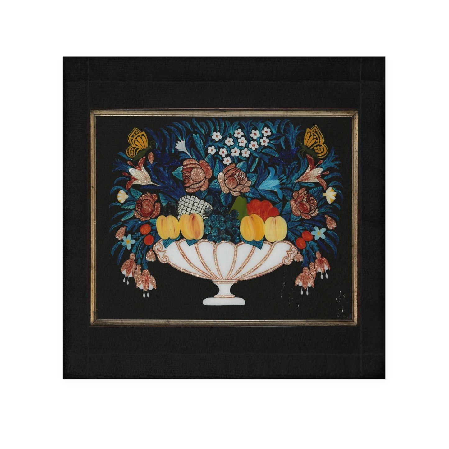 Fruit on a black background. Face Towel. Custom Artwork. Unique Whimsical Flare. Vivid Colors. Great for every bathroom in your home and business. Soft against your skin. Adding a splash of color. Towel off after a bubble bath or shower. Keeping you squeaky clean!