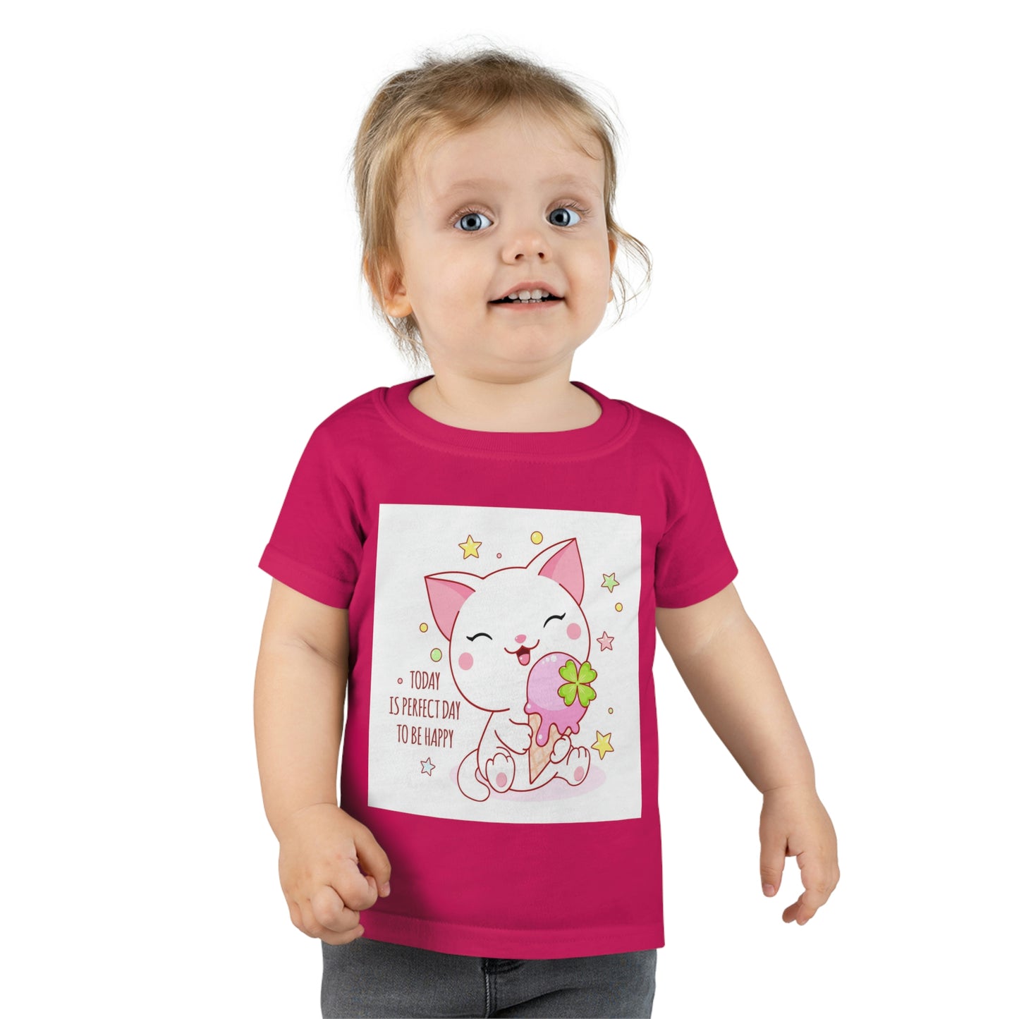 Kitty Cat with Ice Cream Cone. Toddler T-shirt. Custom Artwork. Unique Whimsical Flare. Vivid Colors. Sizes: 2 Toddler through 6 Toddler. Custom Artwork. Unique Whimsical Flare. Vivid Colors. Children will love the soft fabric against their skin. Comfortable to wear every day of the week. Looking at the Birthday Party!