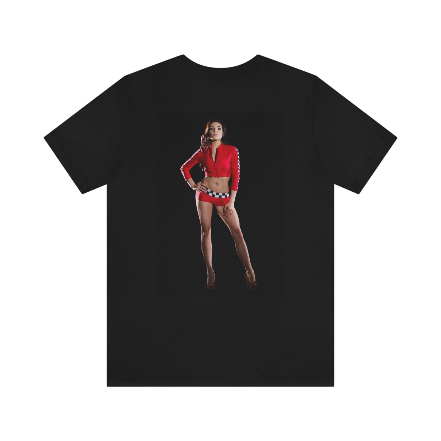 Sexy Girl in Red. Jersey short sleeve T-shirt. Great for men. Soft against your skin. Comfortable to wear every day of the year. Wearing my T-shirt in Snookers Bar and Grill in Rhode Island, Providence. Absolutely having Fun!