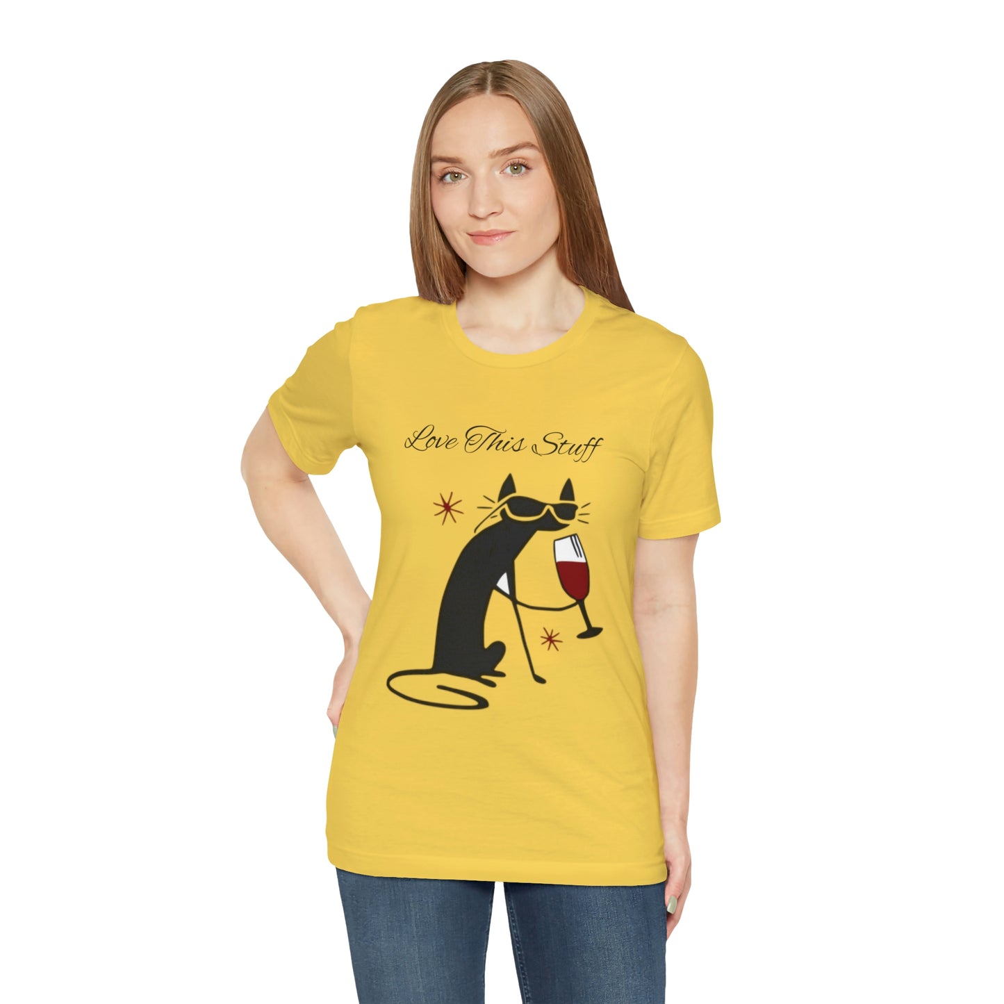 Camiseta con el gato negro bebiendo vino "Me encanta esta cosa"