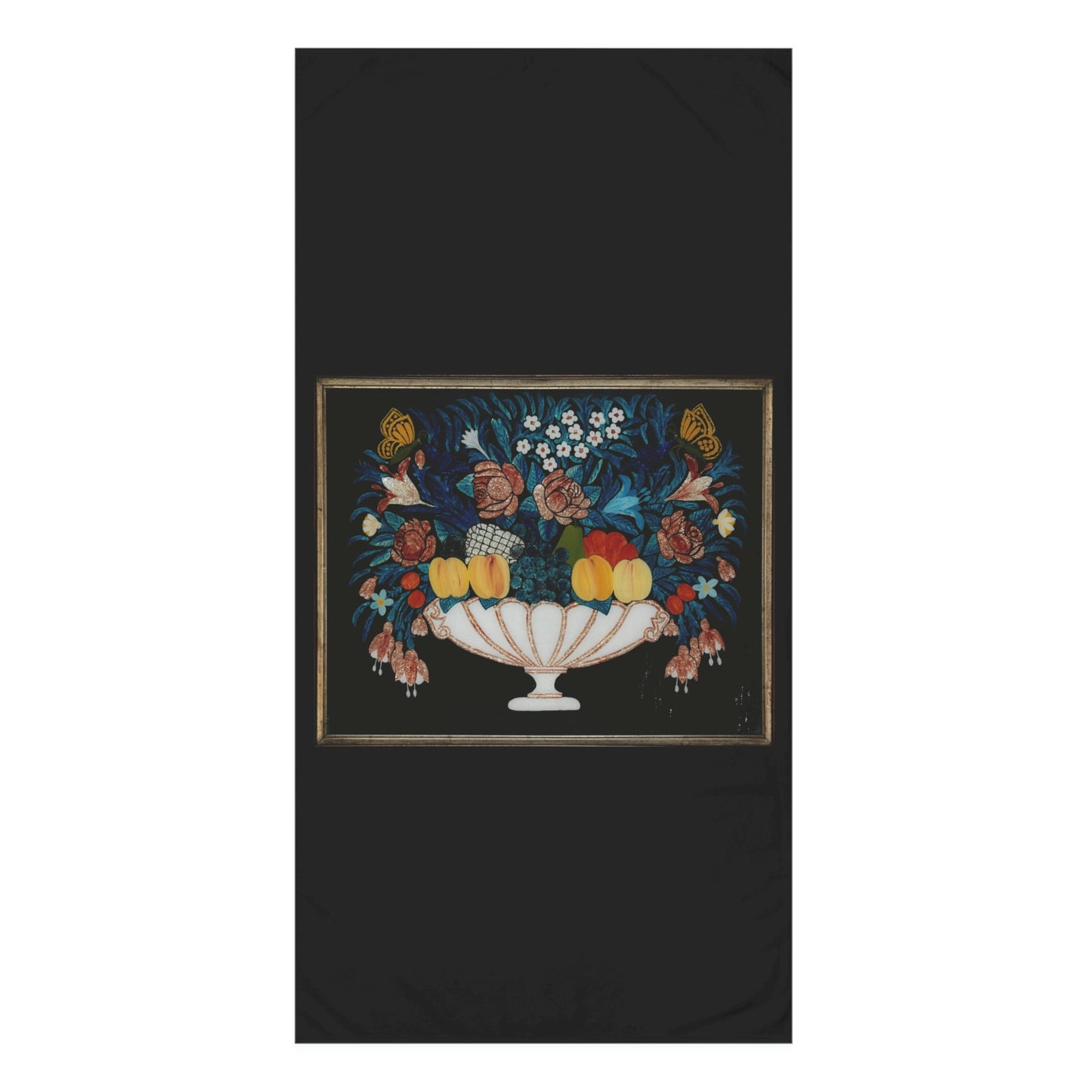 Fruit with Black background. Bath Towel. Custom Artwork. Unique Whimsical Flare. Vivid Colors. Great for every bathroom in your home and business. Adding a Splash of Color. Towel off after a bubble bath or shower. Keeping you Clean!