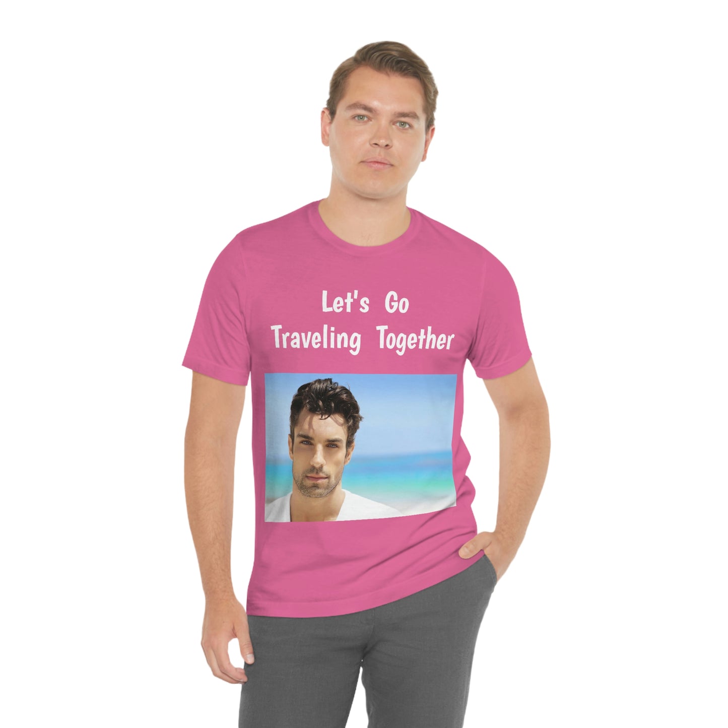 Camiseta de manga corta para hombre guapo que viaja, trabaja y hace películas