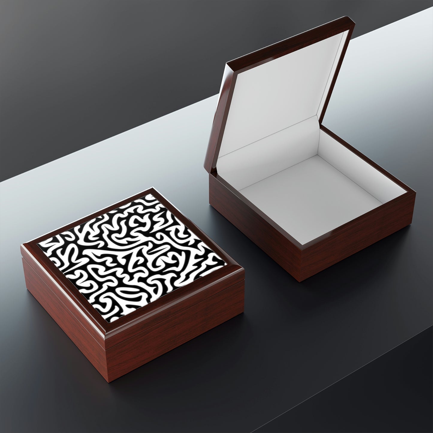 Joyero en blanco y negro con forma de laberinto para mantener mis objetos de valor a salvo