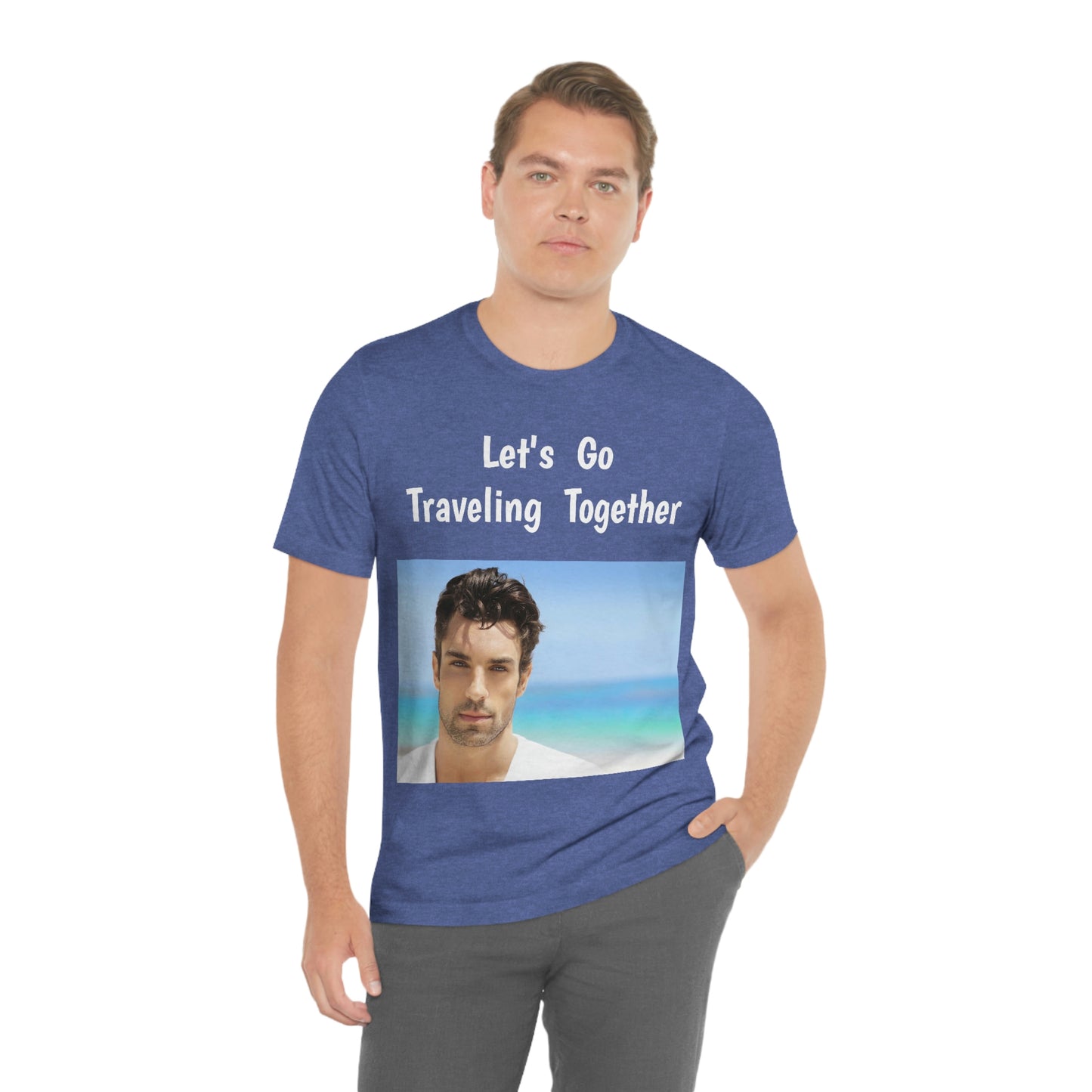 Camiseta de manga corta para hombre guapo que viaja, trabaja y hace películas
