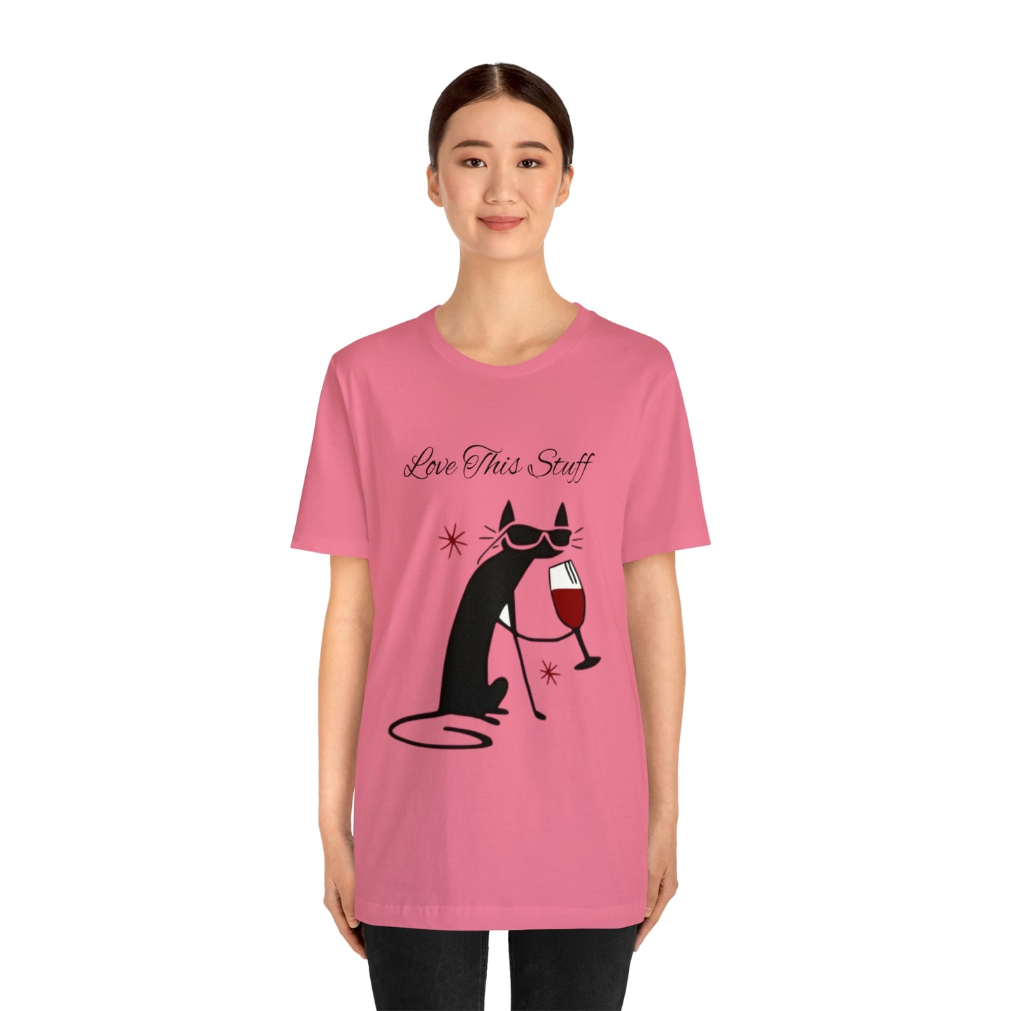 Camiseta con el gato negro bebiendo vino "Me encanta esta cosa"