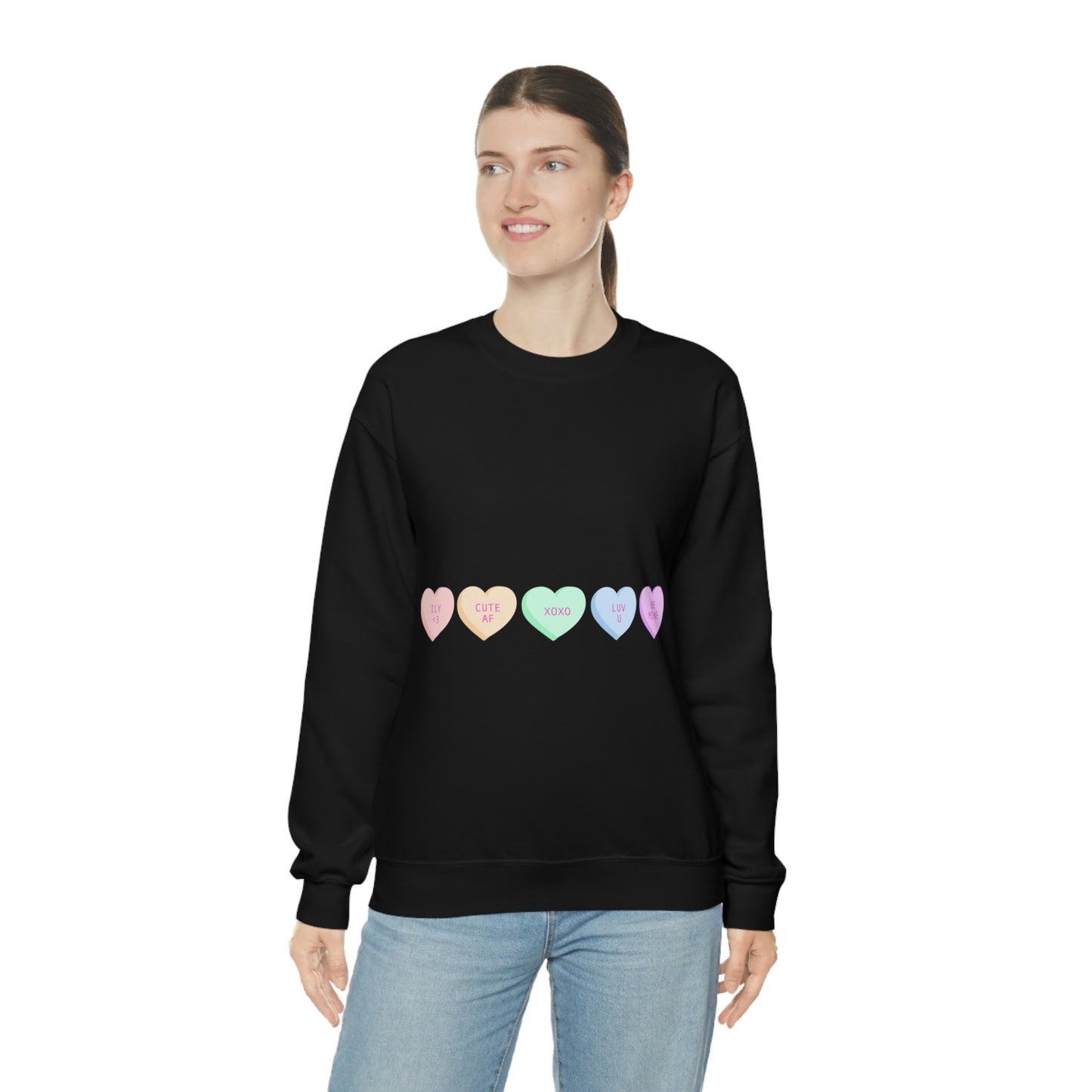 Sudadera con cuello redondo y corazones de caramelos ¡Me veo fabulosa!