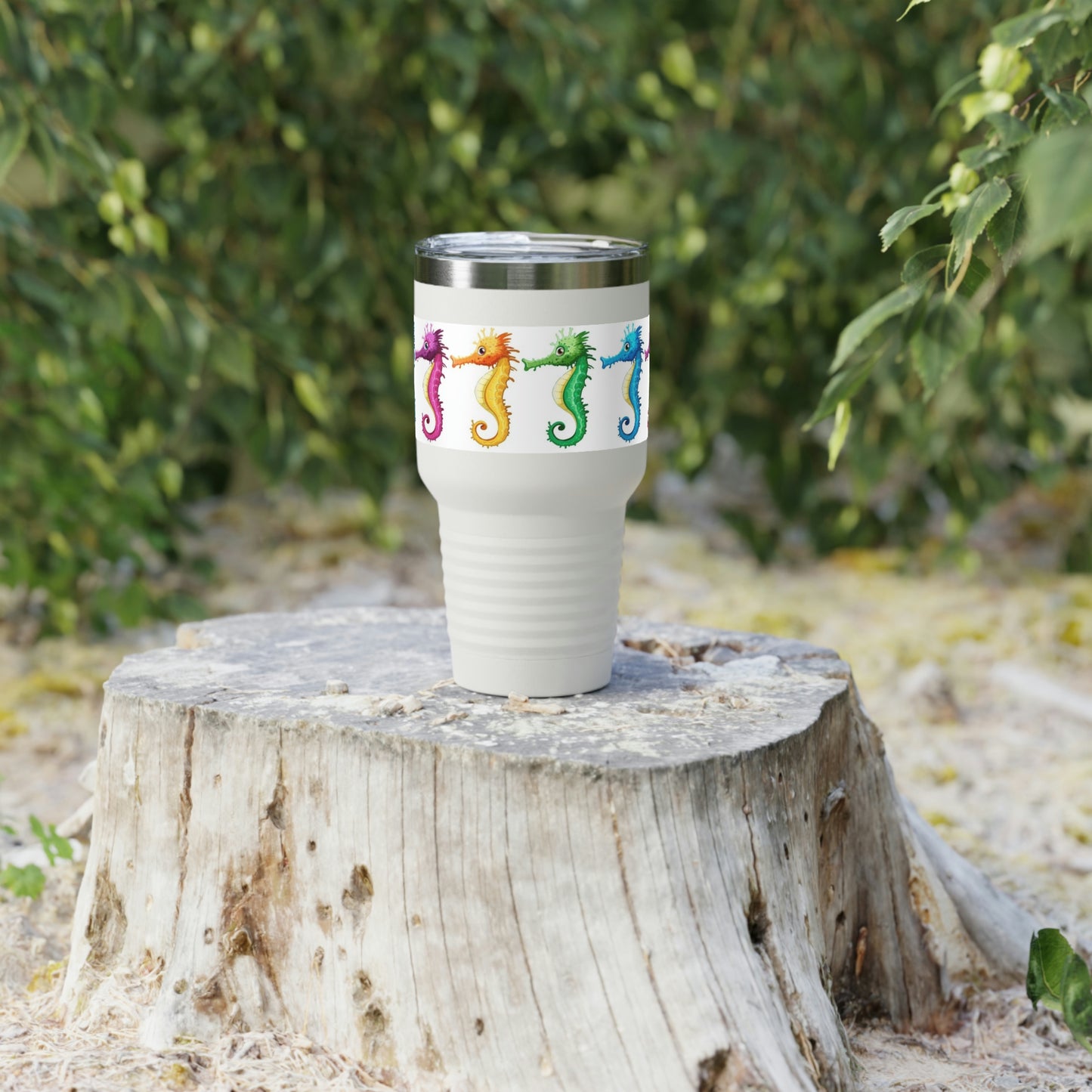 Vaso de cuello redondo con caballitos de mar coloridos, 30 oz, para viajes, trabajo en el jardín, relajación y senderismo