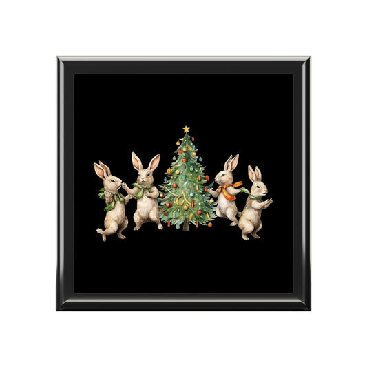 Coffret à bijoux noir Quatre lapins Sapin de Noël