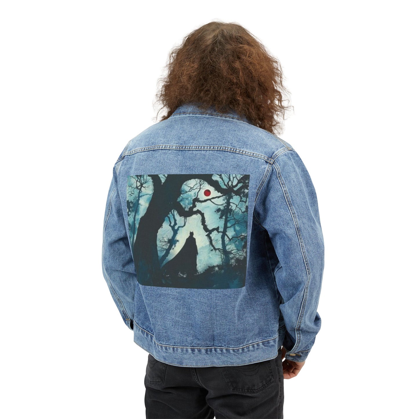 Chaqueta vaquera artística para hombre: silueta de Batman con diseño forestal único