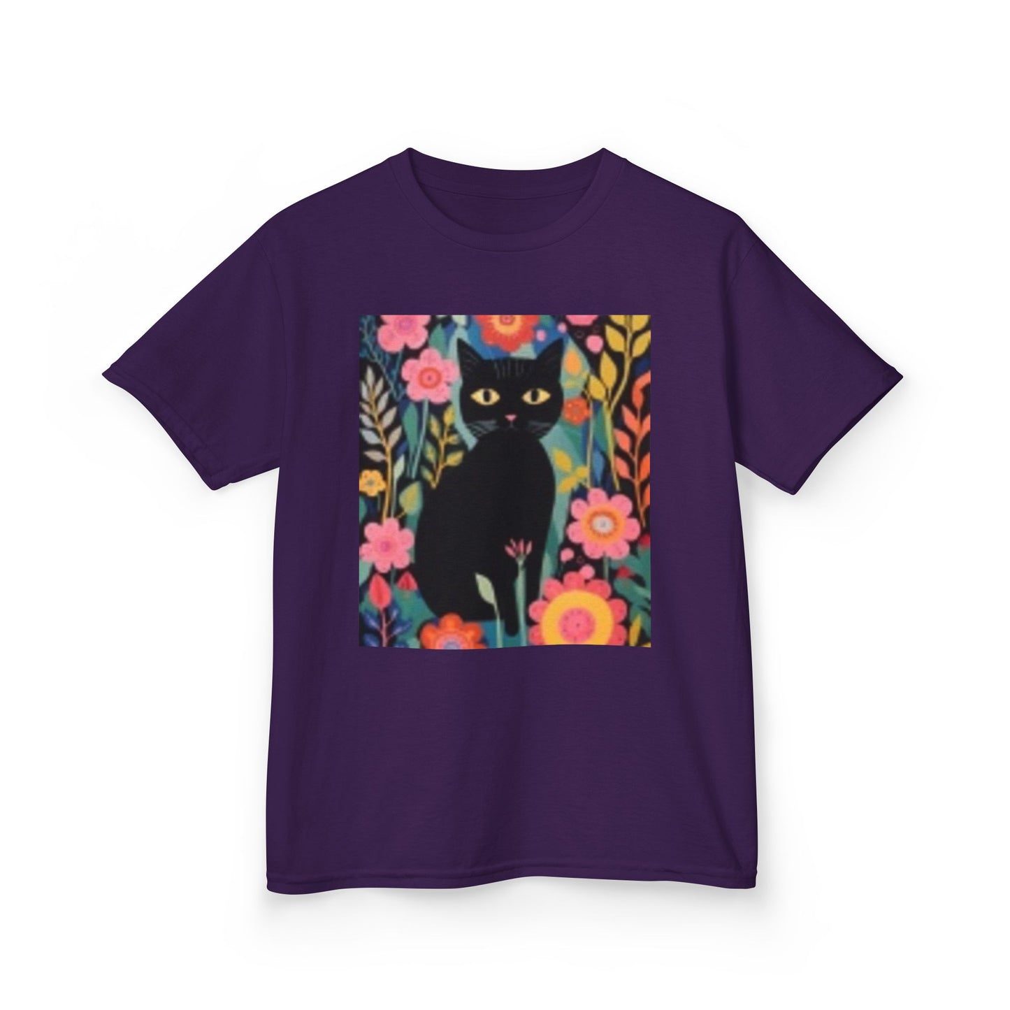 Camiseta infantil de algodón grueso con estampado floral de gato negro: diseño divertido y colorido 
