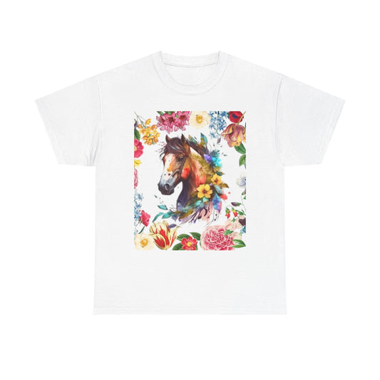 Floral Horse Unisex Heavy Cotton Tee - Nature Lover's Gift, Perfect for Spring and Summer