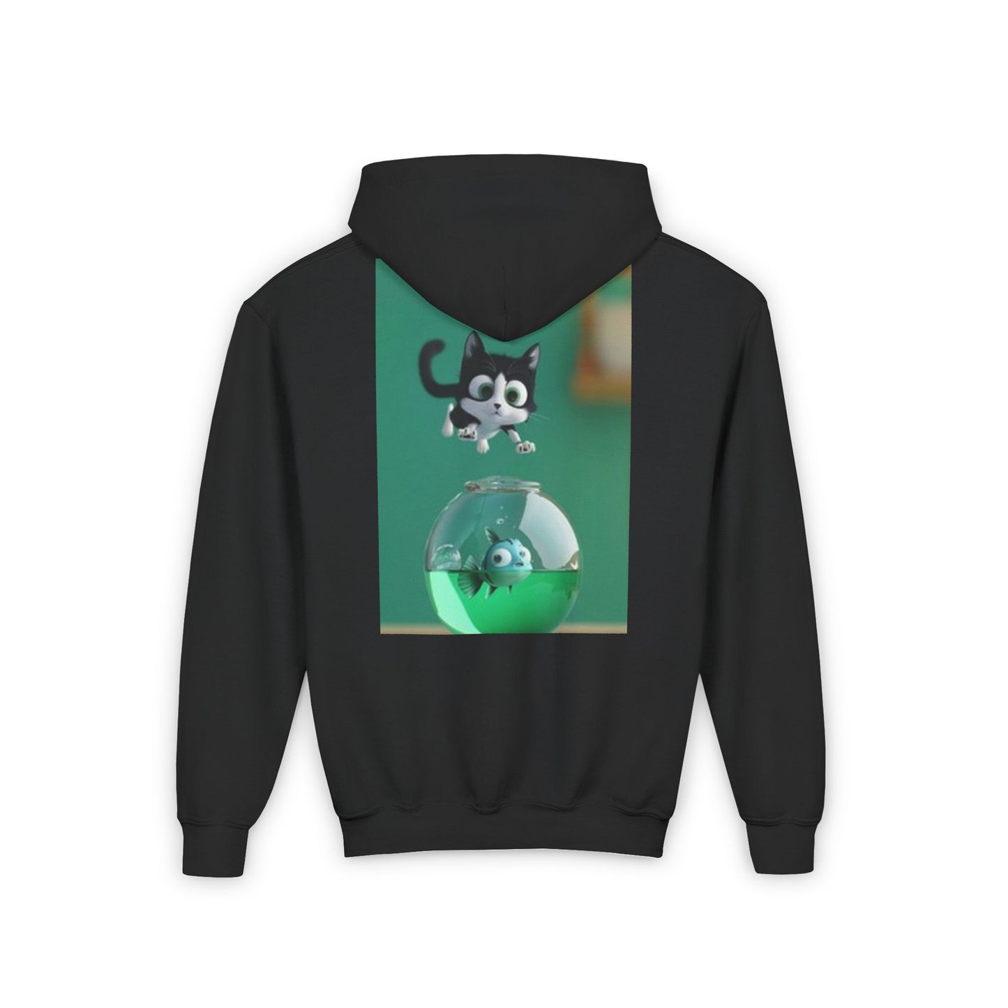 Sudadera con capucha de mezcla pesada para jóvenes Tallas S, M, L, XL Gato saltando sobre una pecera