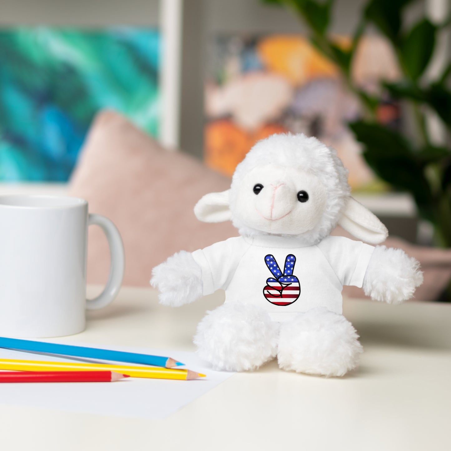 Stuffed Teddy Bear Peace Sign Red White Blue