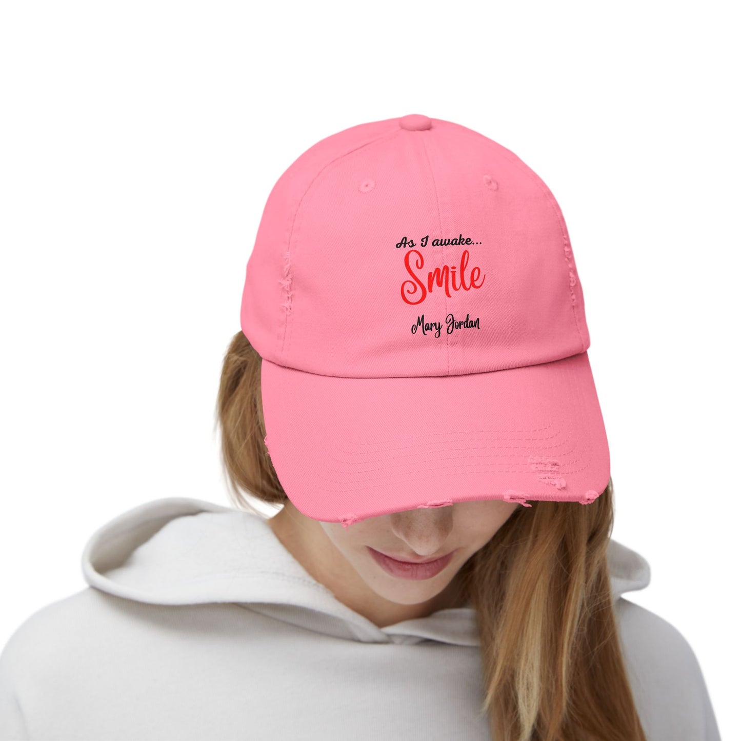 Gorra unisex desgastada: «Al despertar... Sonríe». Gorra motivacional. 