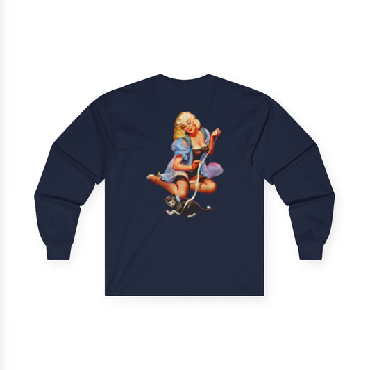 Long Sleeve T-shirt Retro Sexy Woman in Lingerie with Cat