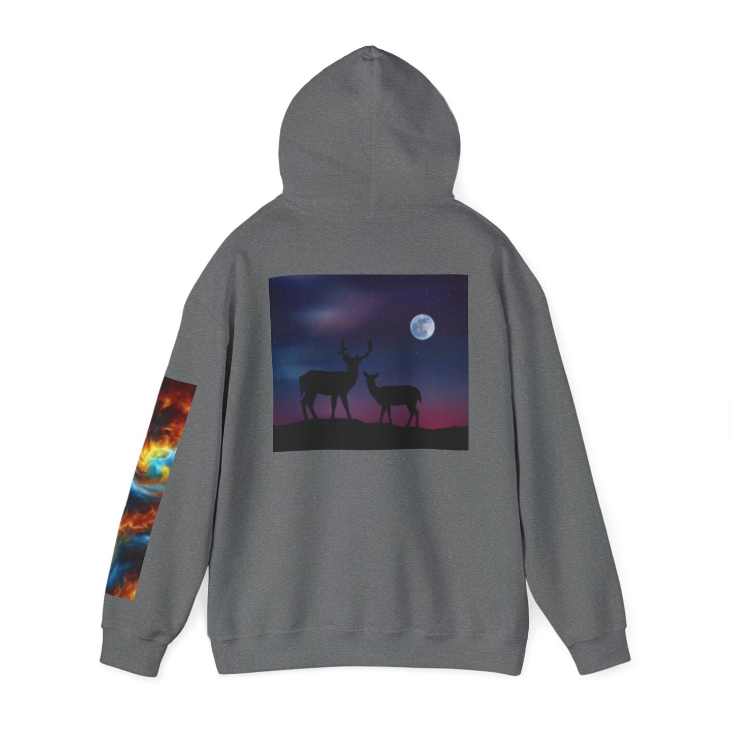 Vibrant Nature-Themed Hooded Sweatshirt - Cosmic Patterns & Wildlife Silhouettes
