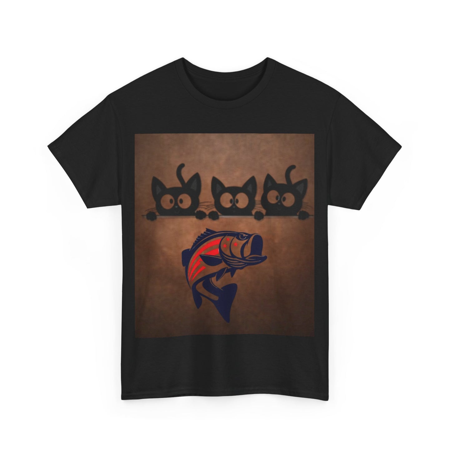 Cute Black Cats & Patriotic Fish, Funny T-shirt for Cat Lovers, Gift for Foodies, Unisex Cotton Shirt, Fun Pet Apparel