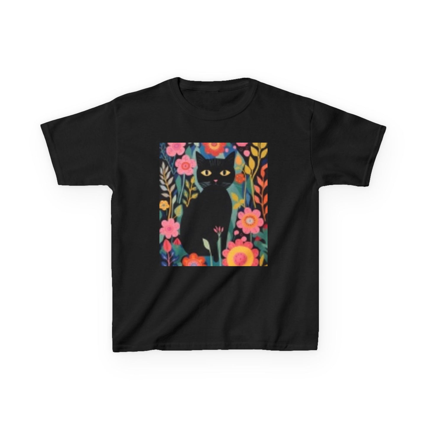 Camiseta infantil de algodón grueso con estampado floral de gato negro: diseño divertido y colorido 