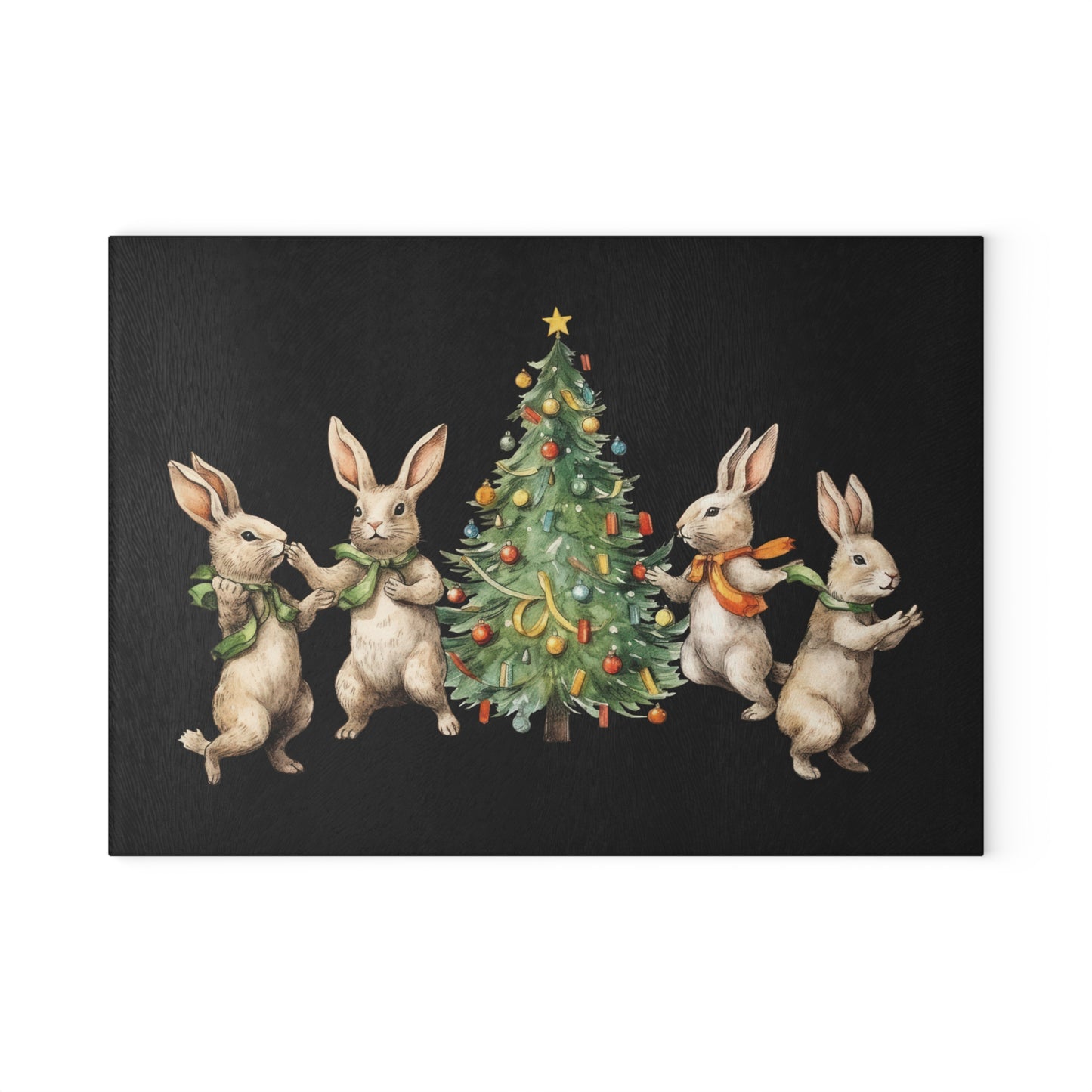 Glass Cutting Board Four Rabbits Christmas Tree