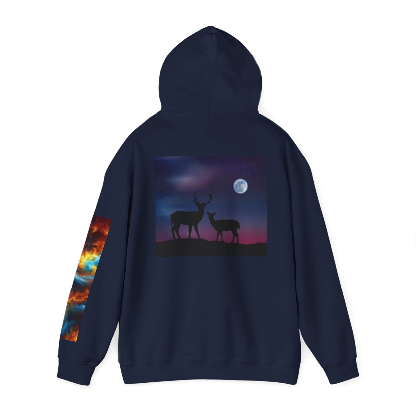 Vibrant Nature-Themed Hooded Sweatshirt - Cosmic Patterns & Wildlife Silhouettes