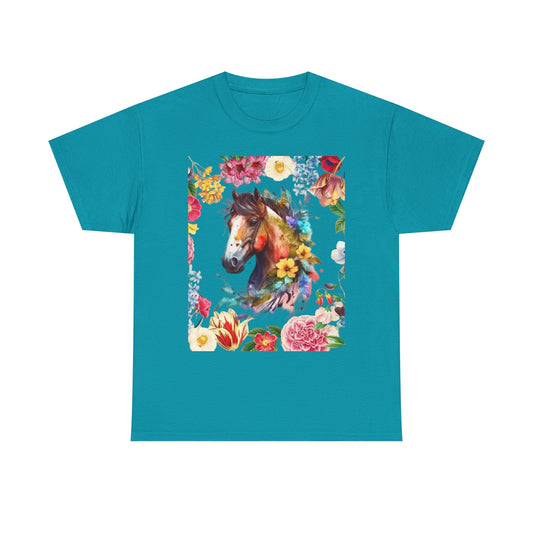 Floral Horse Unisex Heavy Cotton Tee - Nature Lover's Gift, Perfect for Spring and Summer