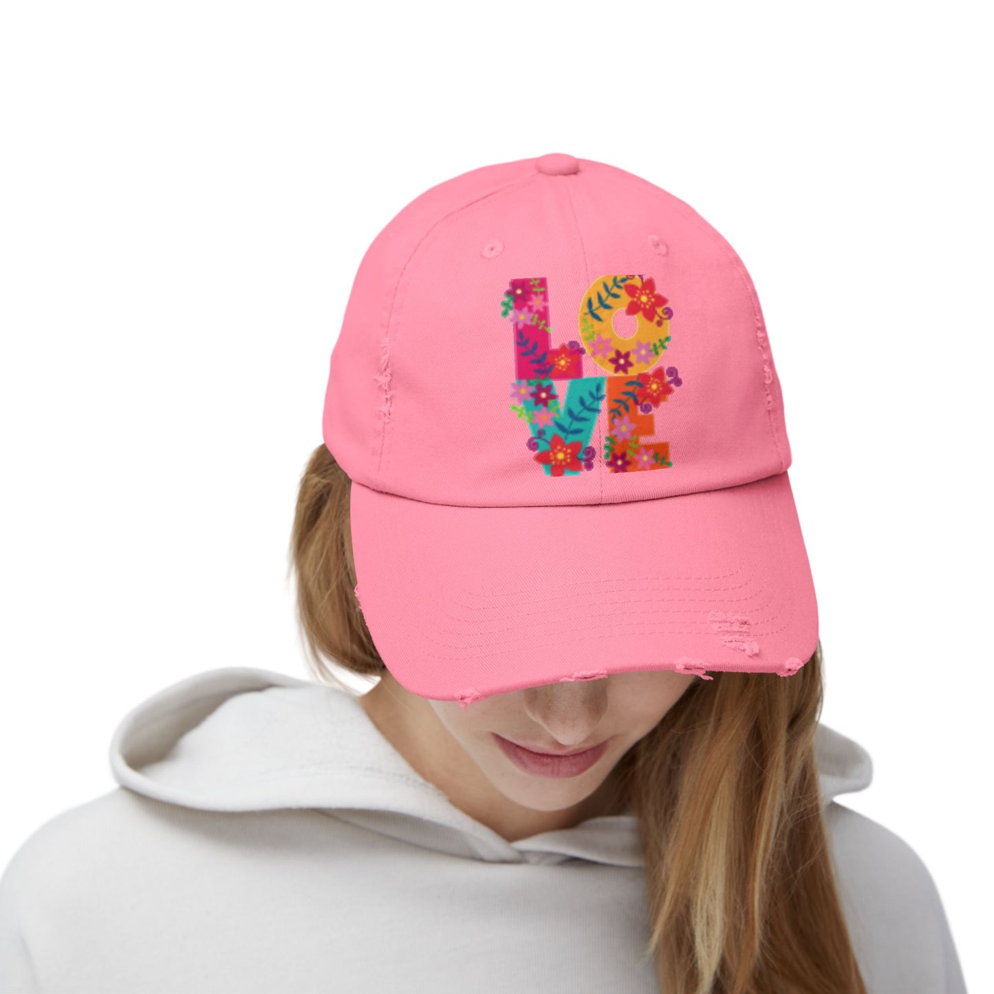 Floral Love Unisex Distressed Cap - Trendy Adjustable Hat for Casual Style