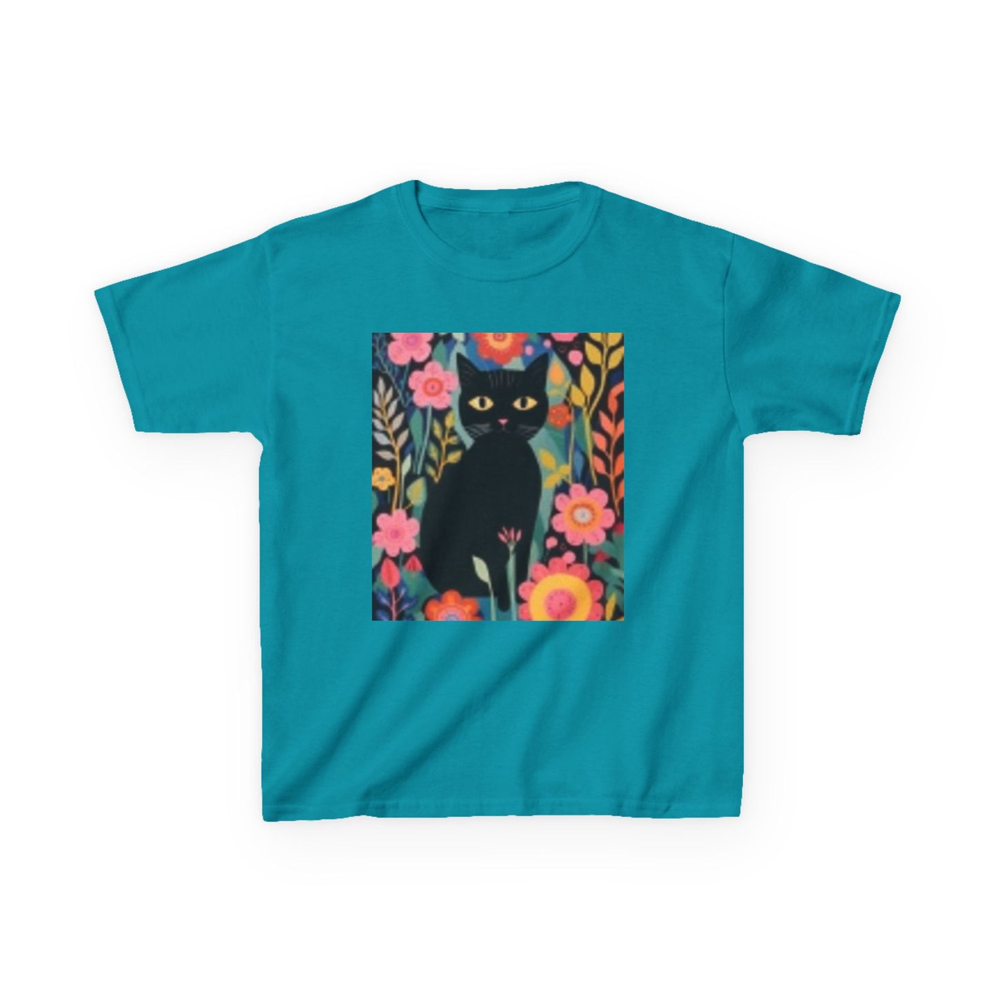 Camiseta infantil de algodón grueso con estampado floral de gato negro: diseño divertido y colorido 