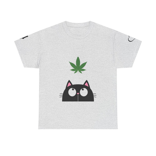 Funny Cat Looking at Marijuana Leaf  " I Love this T-shirt"